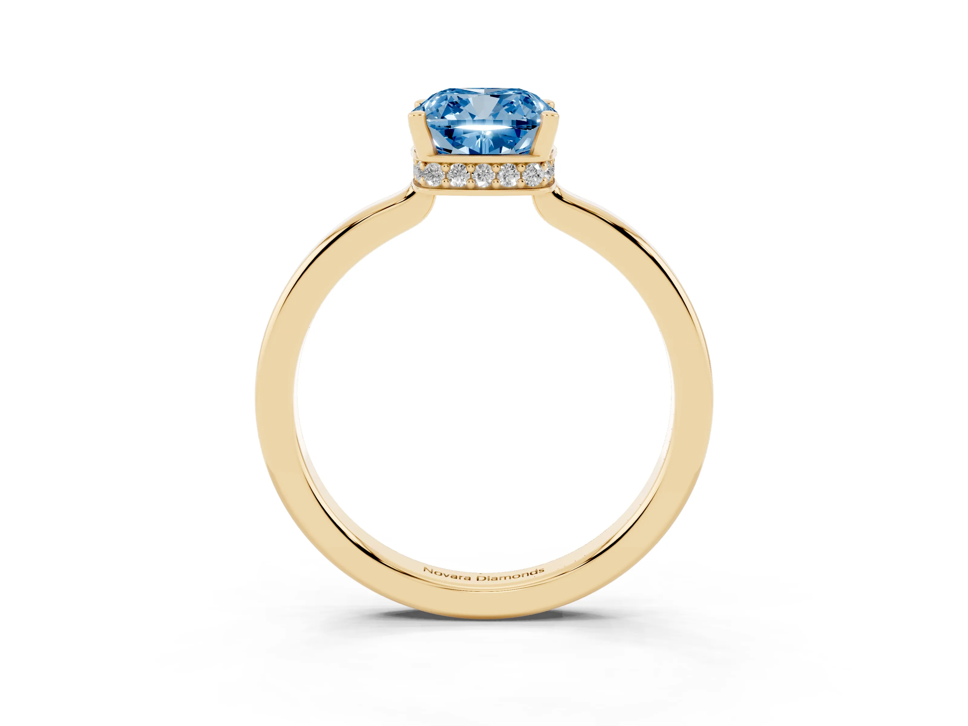 Fancy Blue Cushion Cut Diamond Solitaire Engagement Ring Set in Yellow gold with Prong Setting on a Plain Band