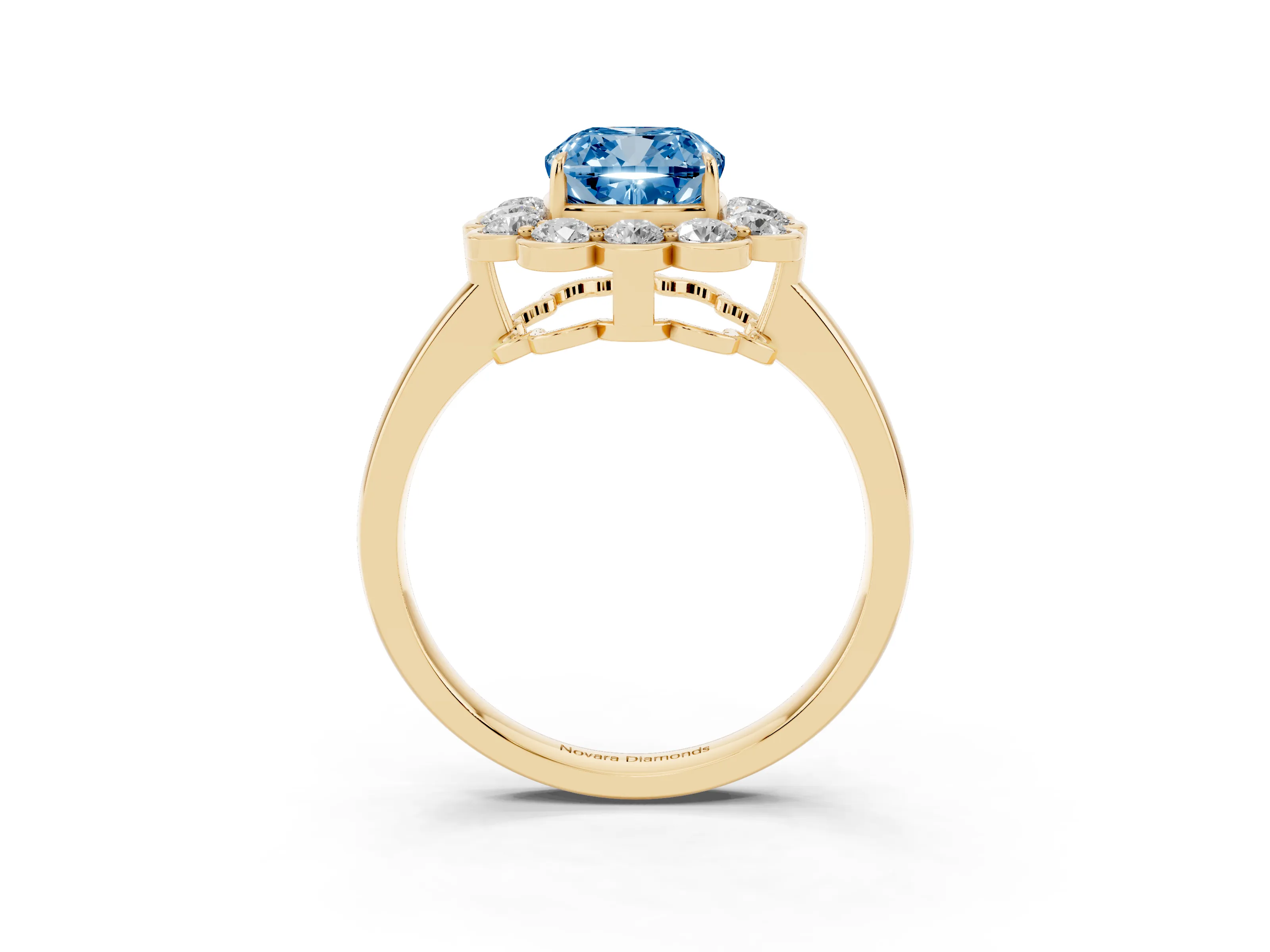 Fancy Blue Cushion Cut Diamond Halo Cluster Engagement Ring Set in Yellow gold with Solitaire Band and Prong Setting
