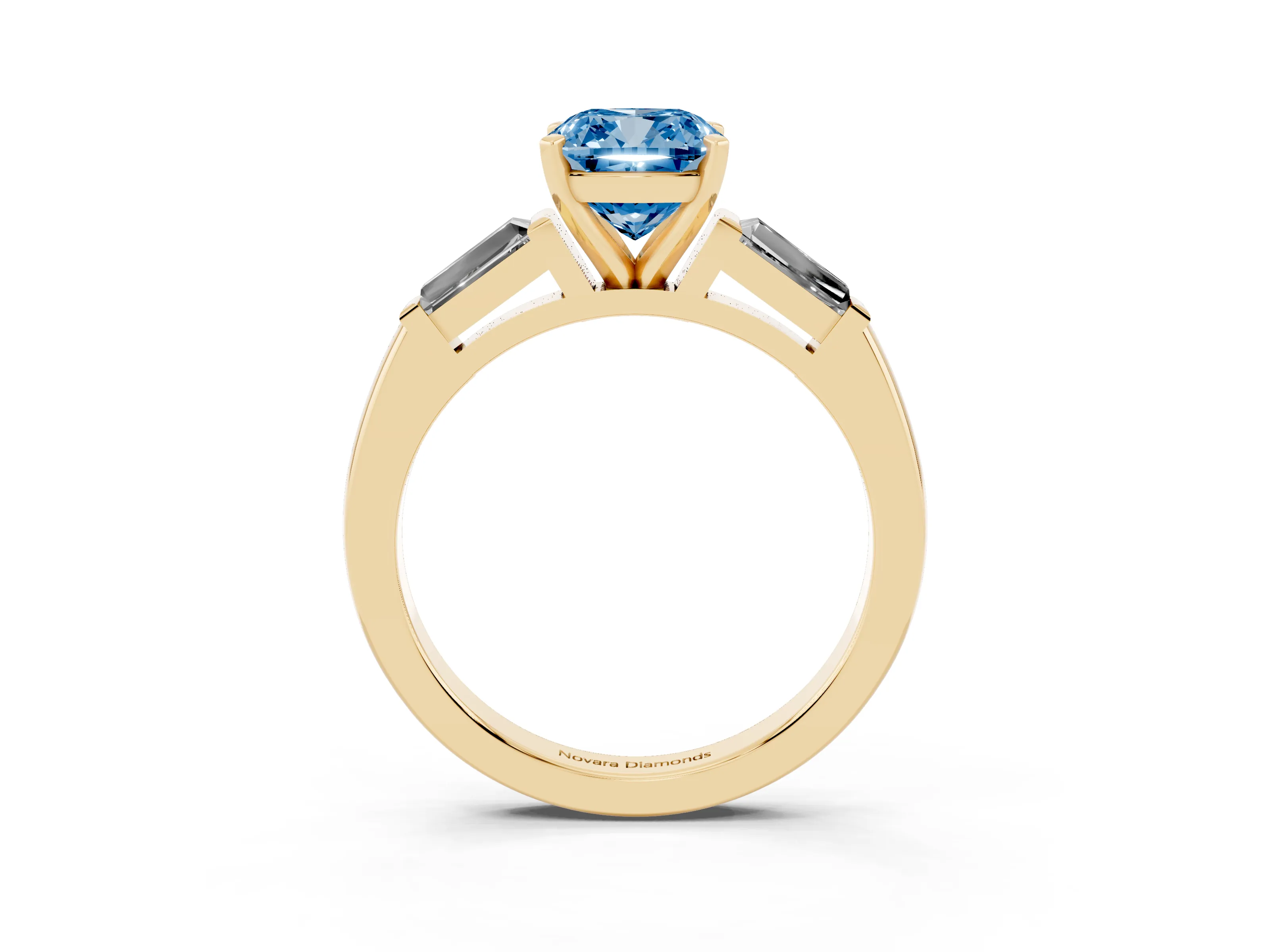 Fancy Blue Cushion Cut Diamond Solitaire Ring Set in Yellow gold with Tapered Baguette Side Stones and Prong Setting