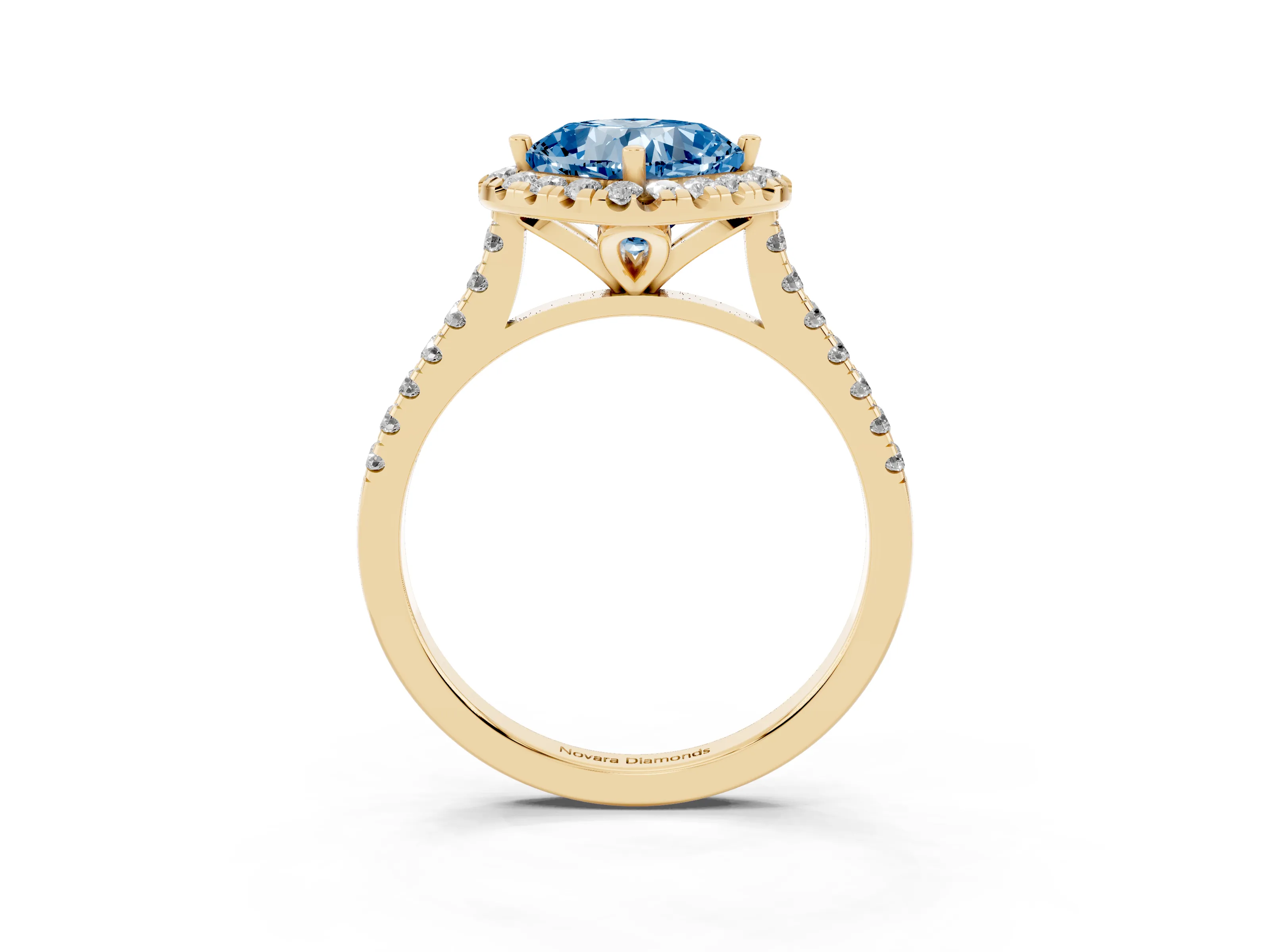 Fancy Blue Cushion Cut Diamond Cushion Halo Ring Set in Yellow gold with Pavé Band