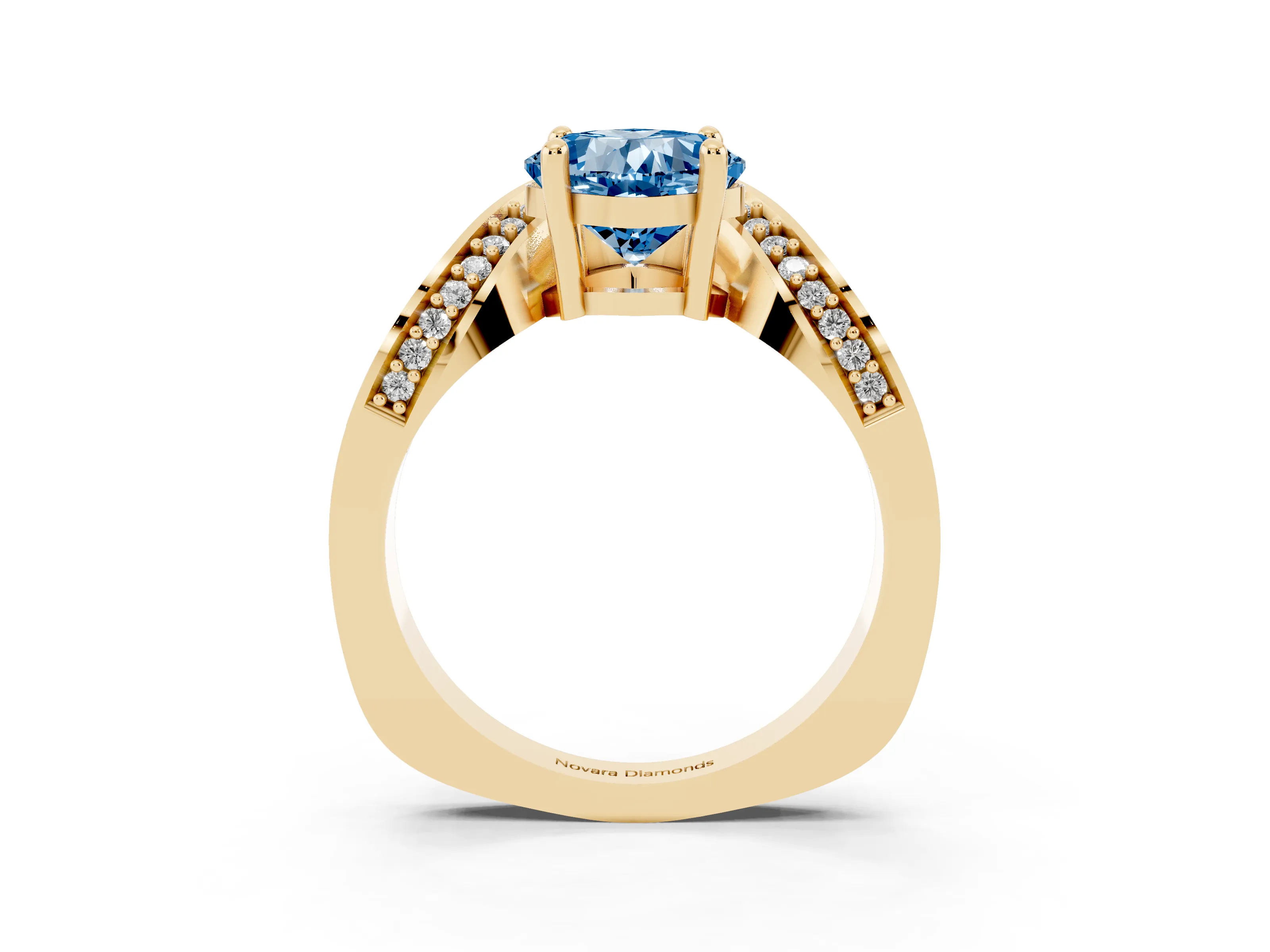 Fancy Blue Cushion Cut Diamond Solitaire Engagement Ring Set in Yellow gold with Pavé Shoulders