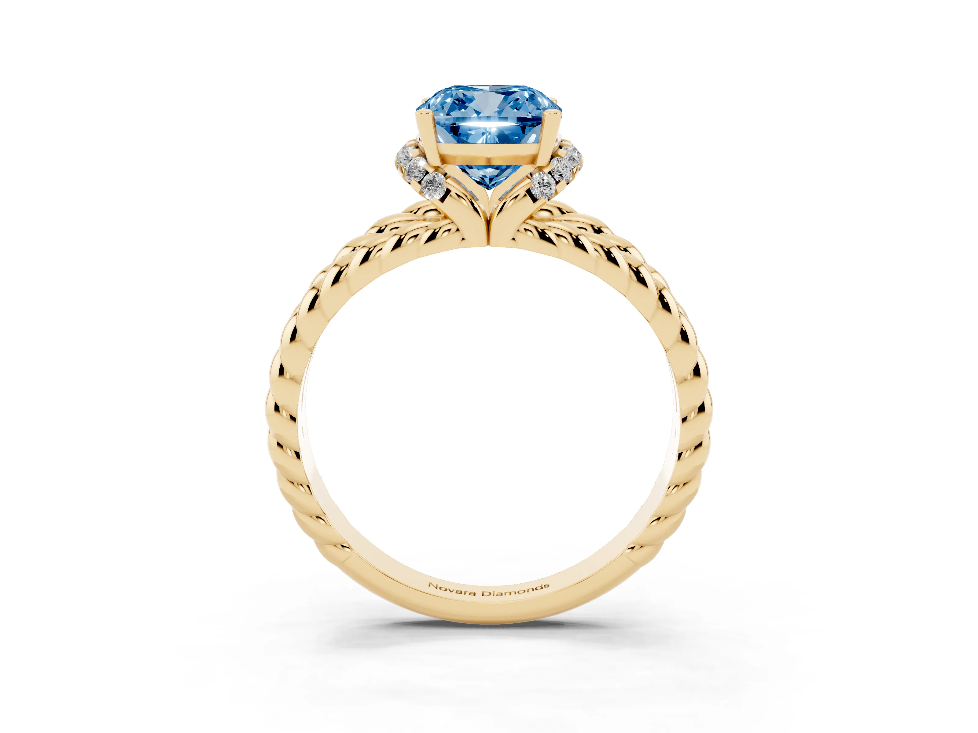 Fancy Blue Cushion Cut Diamond Halo Ring Set in Yellow gold with Twisted Band and Prong Setting
