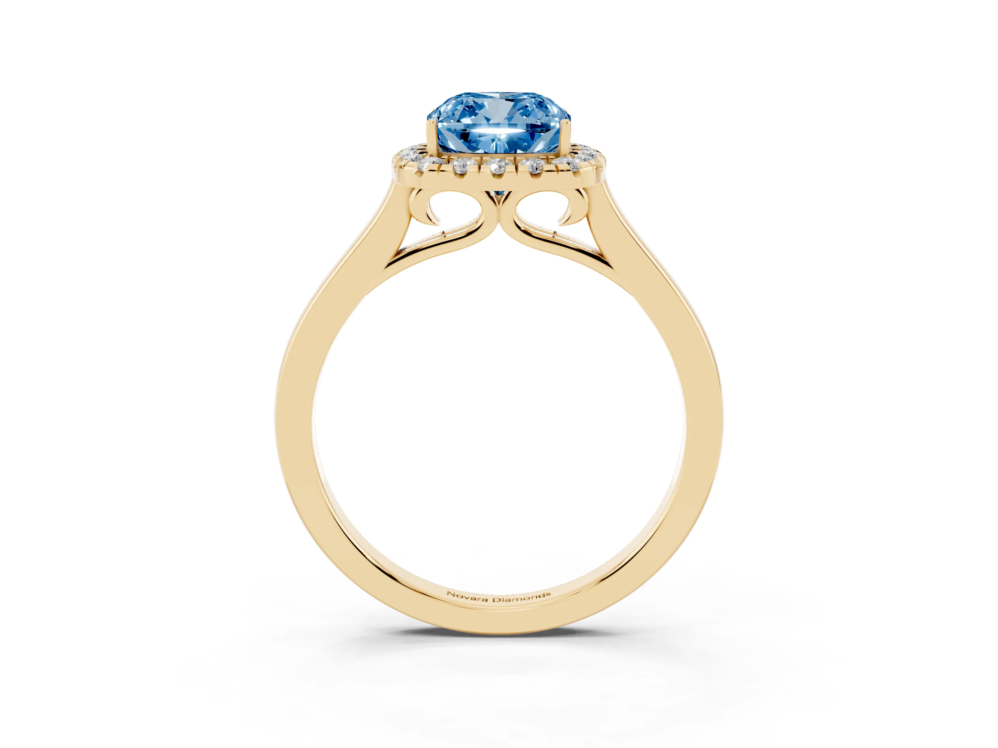 Fancy Blue Cushion Cut Halo Round Diamond Solitaire Ring Set in Yellow gold with Pavé Band and Prong Setting