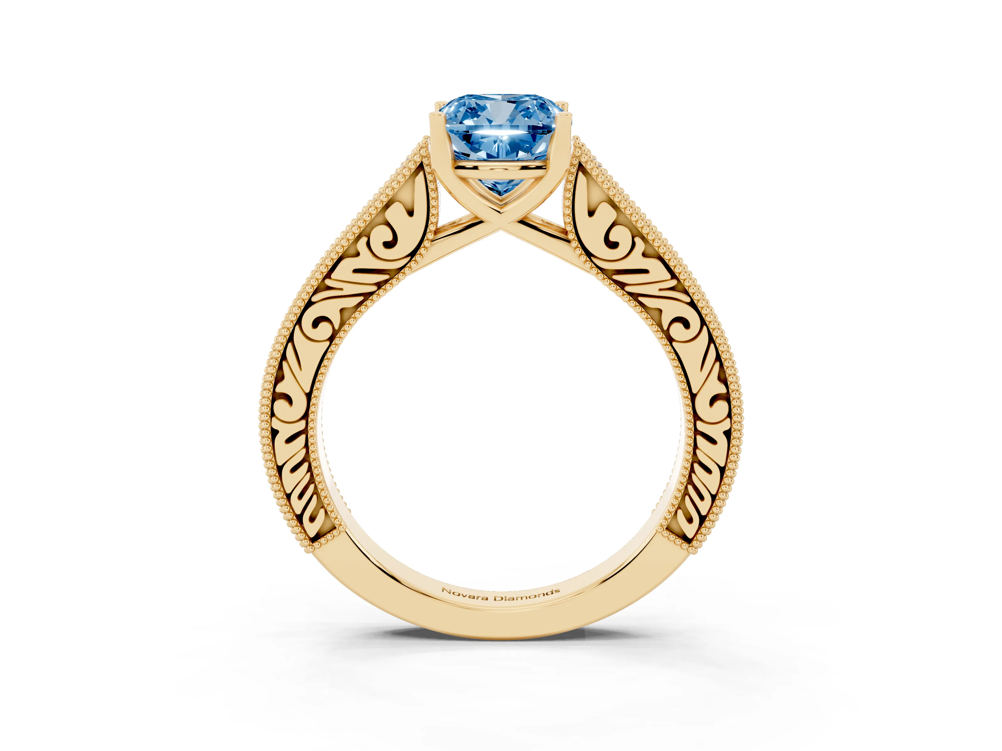 Fancy Blue Cushion Cut Diamond Milgrain Pavé Band Solitaire Ring Set in Yellow gold with Prong Setting