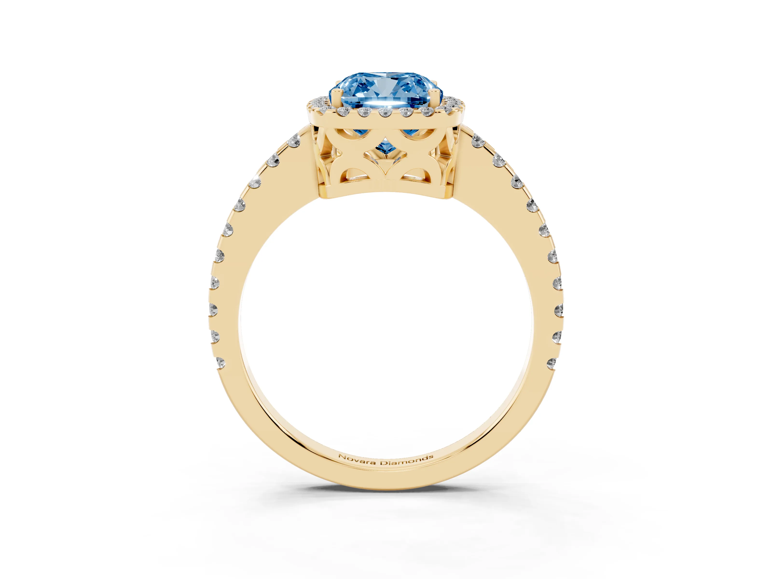 Fancy Blue Cushion Cut Diamond Halo Ring Set in Yellow gold with Pavé Shoulders and Halo-Framed Center
