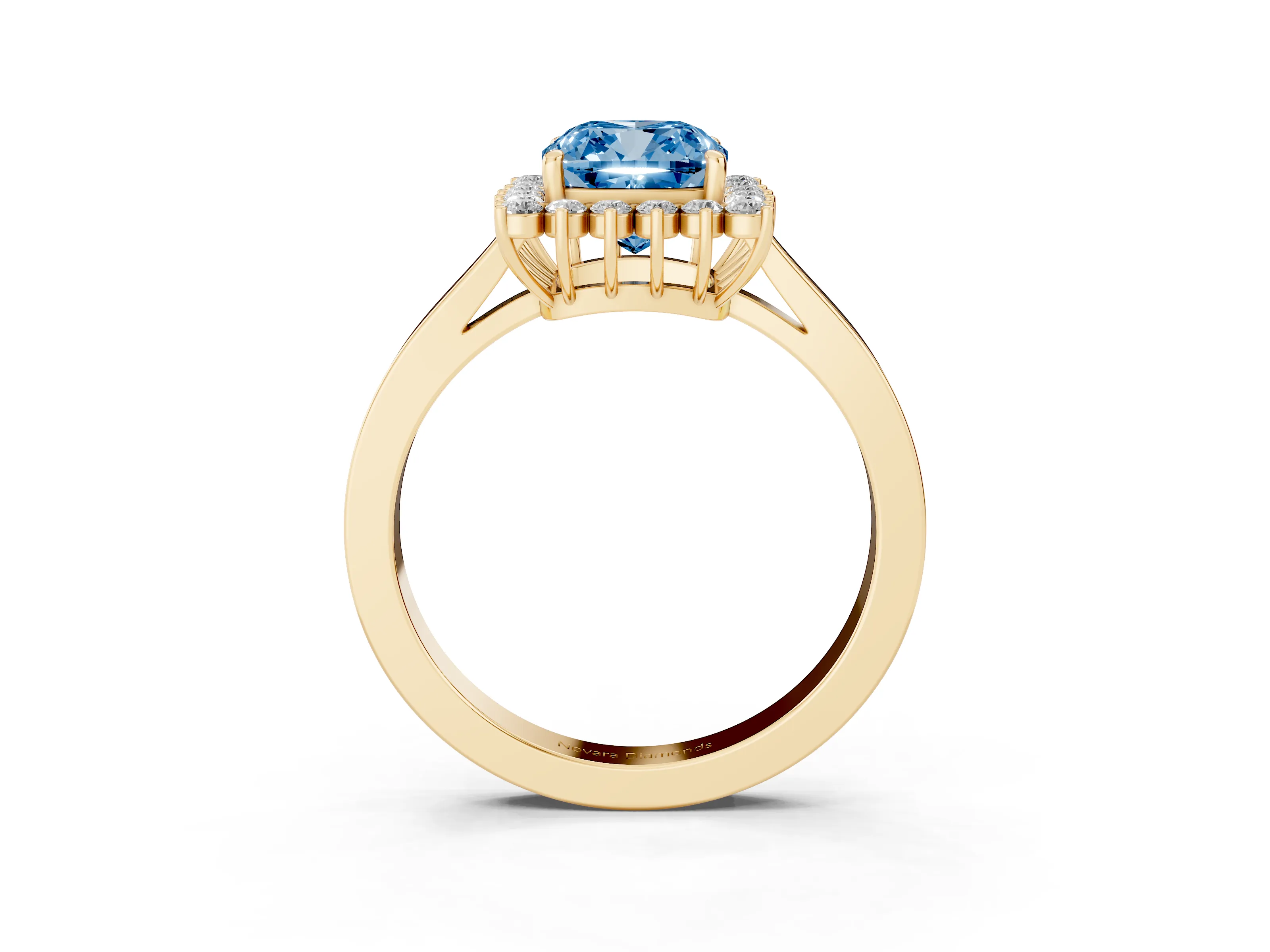 Fancy Blue Cushion Cut Diamond Halo Ring Set in Yellow gold with Round Halo and Smooth Solitaire Band