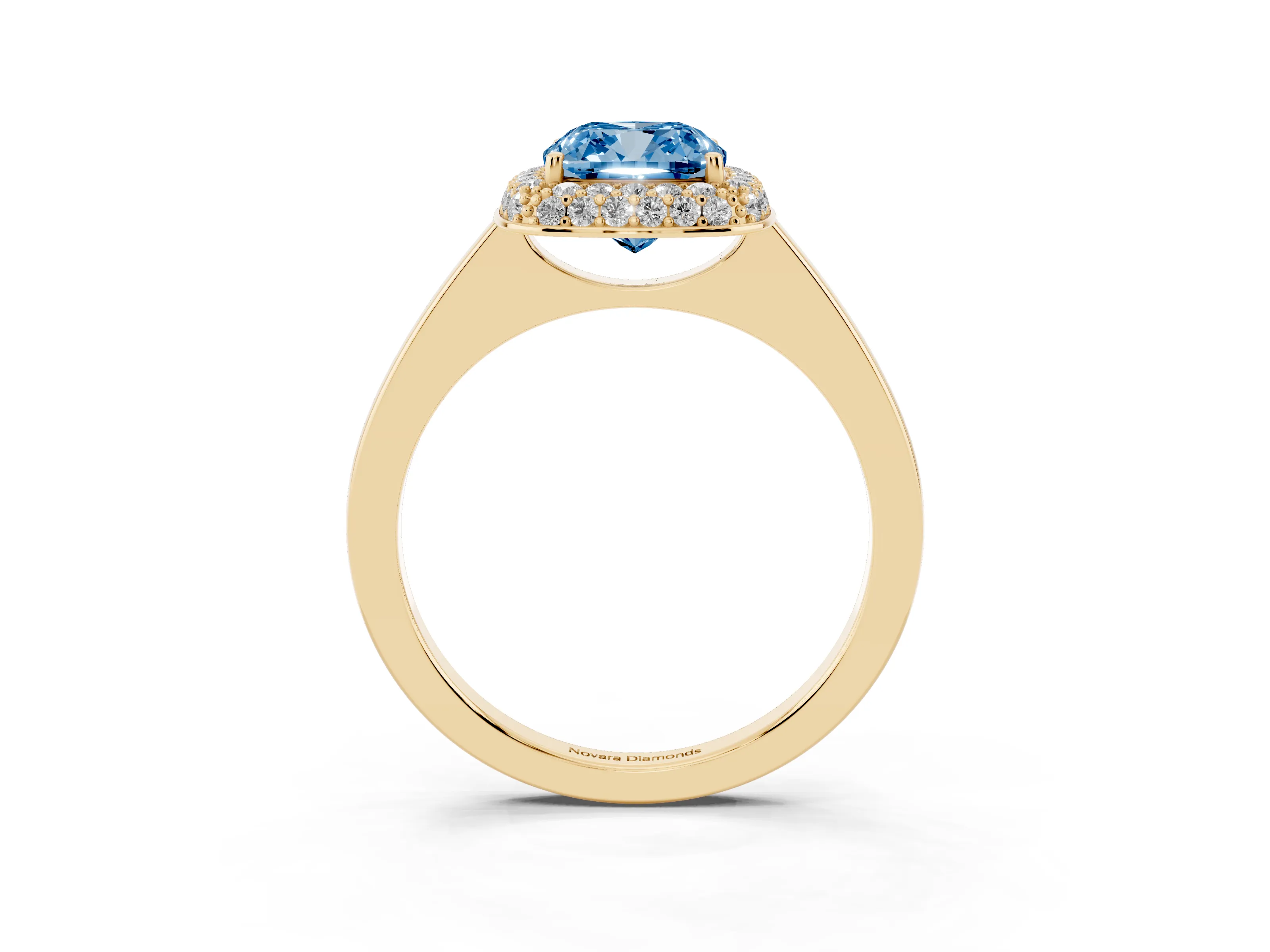 Fancy Blue Cushion Cut Diamond Halo Engagement Ring Set in Yellow gold with Solitaire Band and Prong Setting