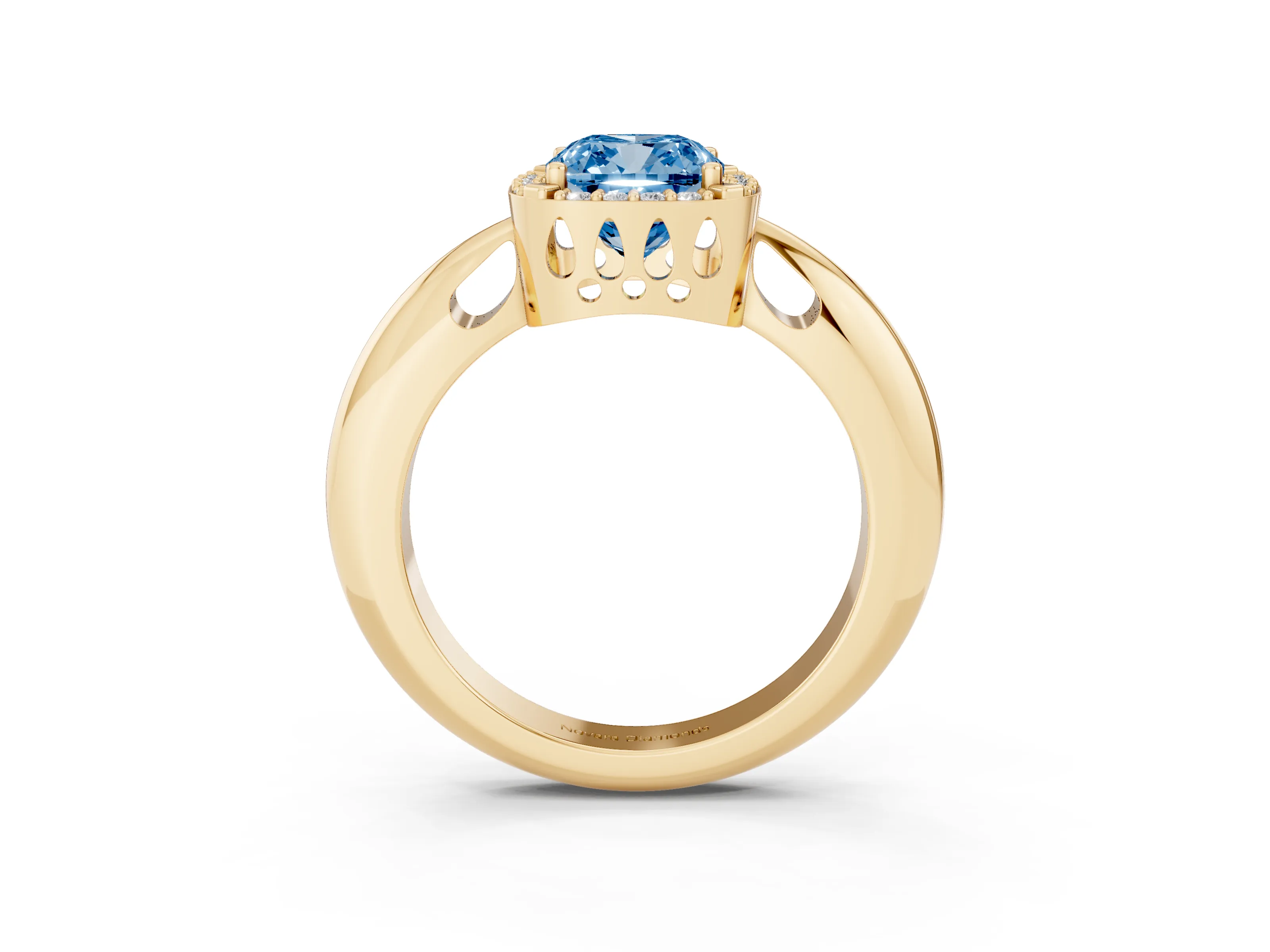 Fancy Blue Cushion Cut Diamond Halo Engagement Ring Set in Yellow gold with Plain Split Shank and Prong Setting