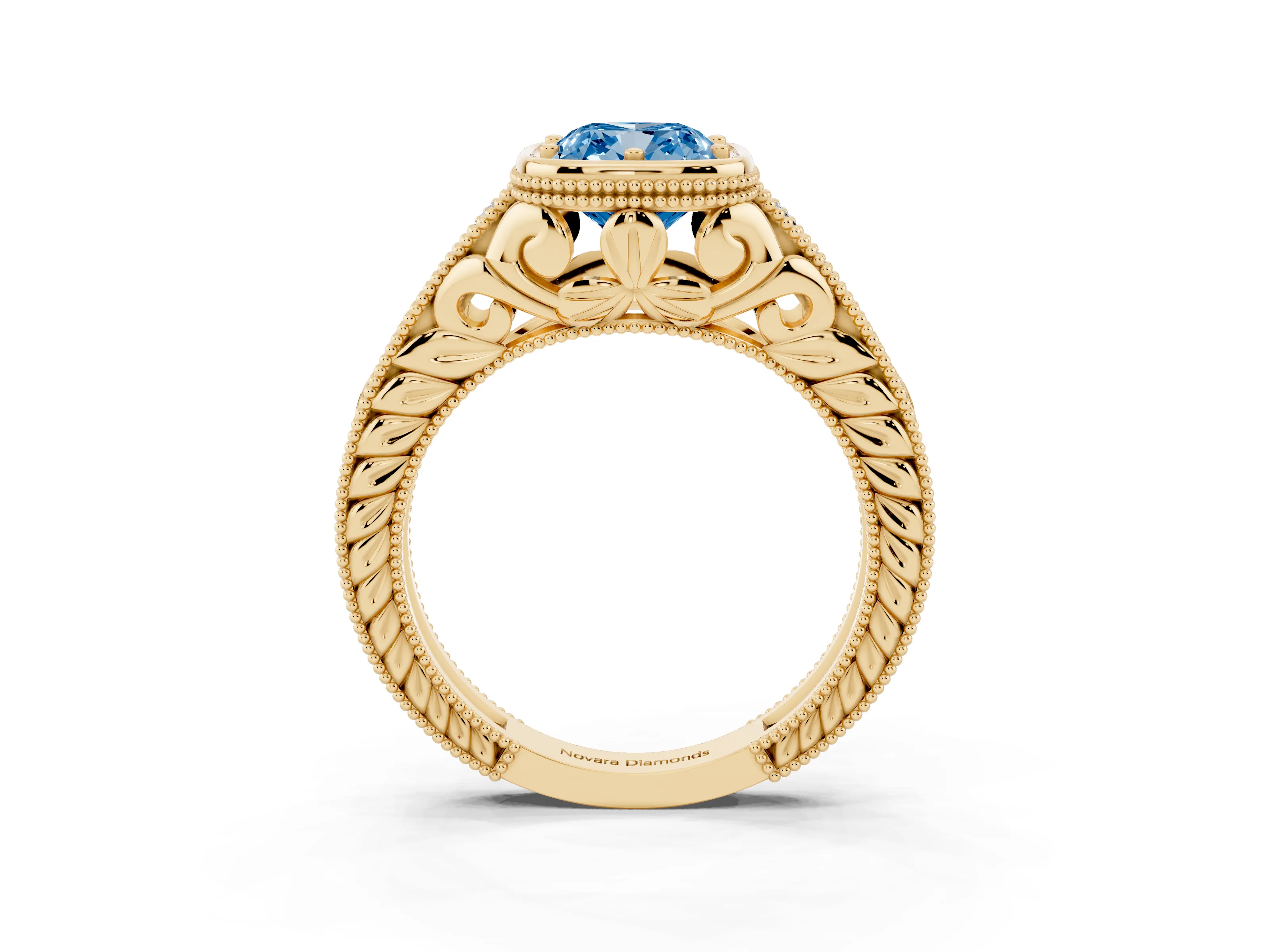 Fancy Blue Bezel Set Cushion Cut Diamond Milgrain Pavé Engagement Ring Set in Yellow gold