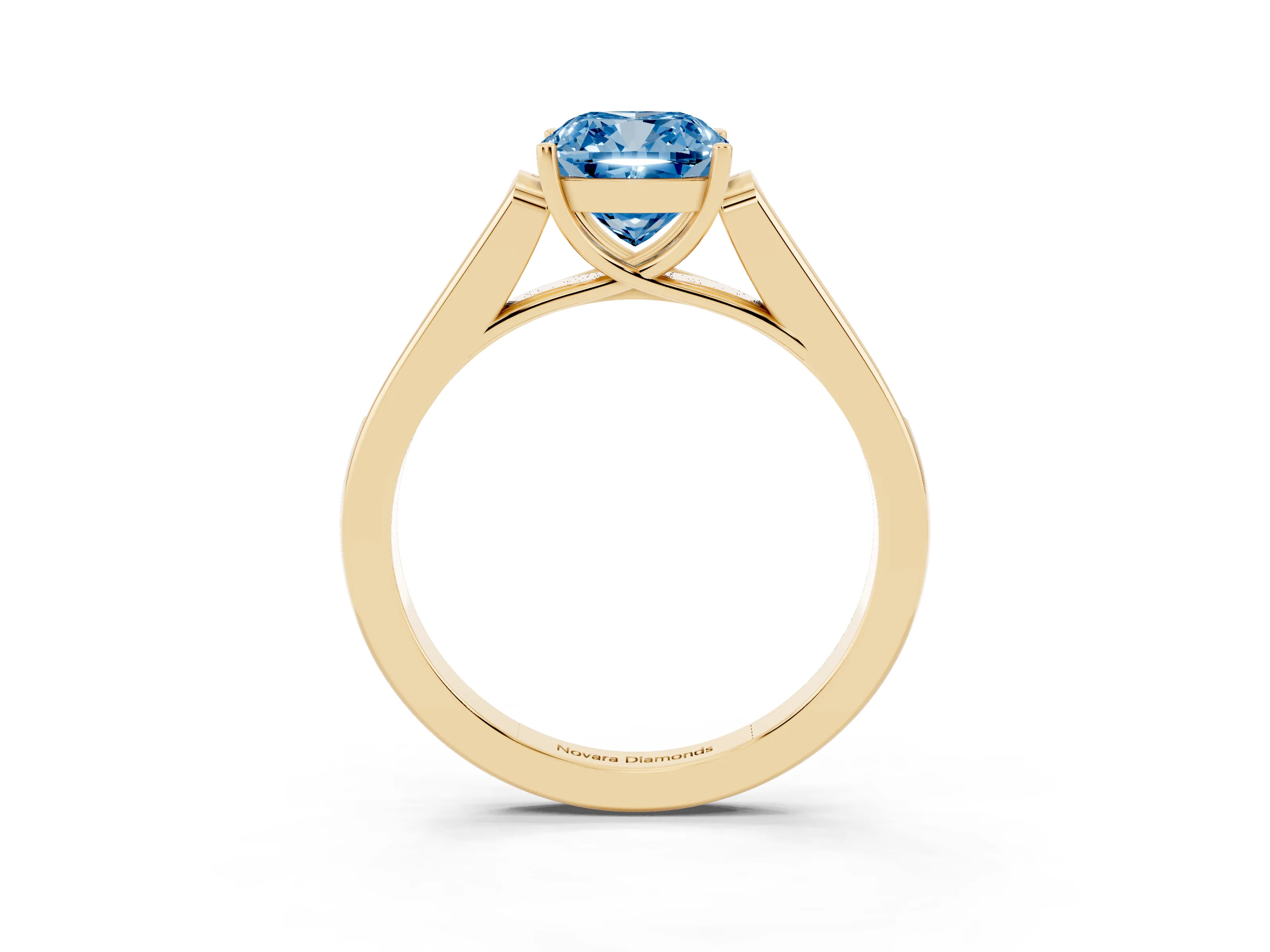 Fancy Blue Cushion Cut Diamond Solitaire Cathedral Engagement Ring Set in Yellow gold with Channel-Set Band and Prong Setting