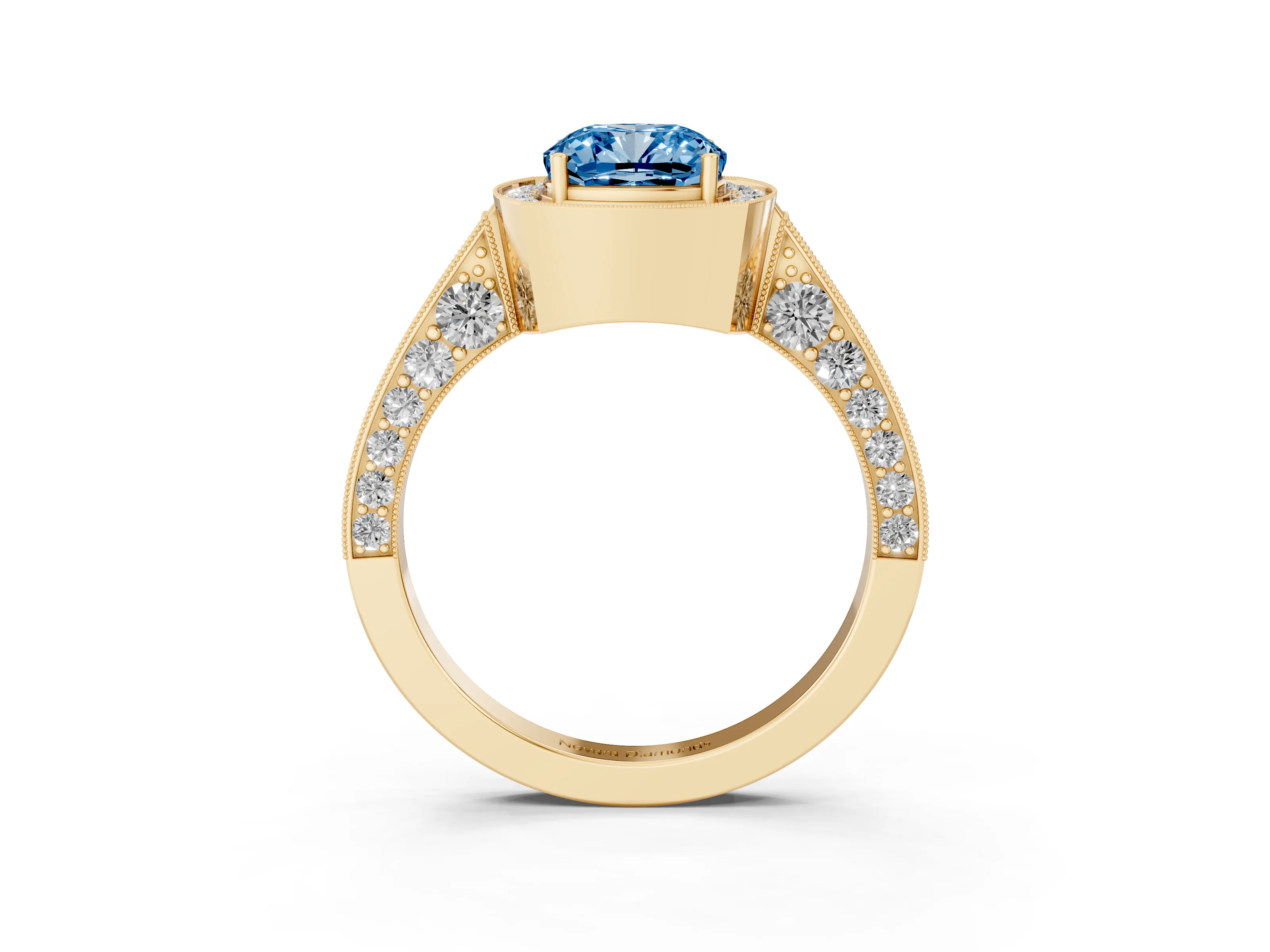 Fancy Blue Cushion Cut Diamond Halo Engagement Ring Set in Yellow gold with Accent Split Shank Band