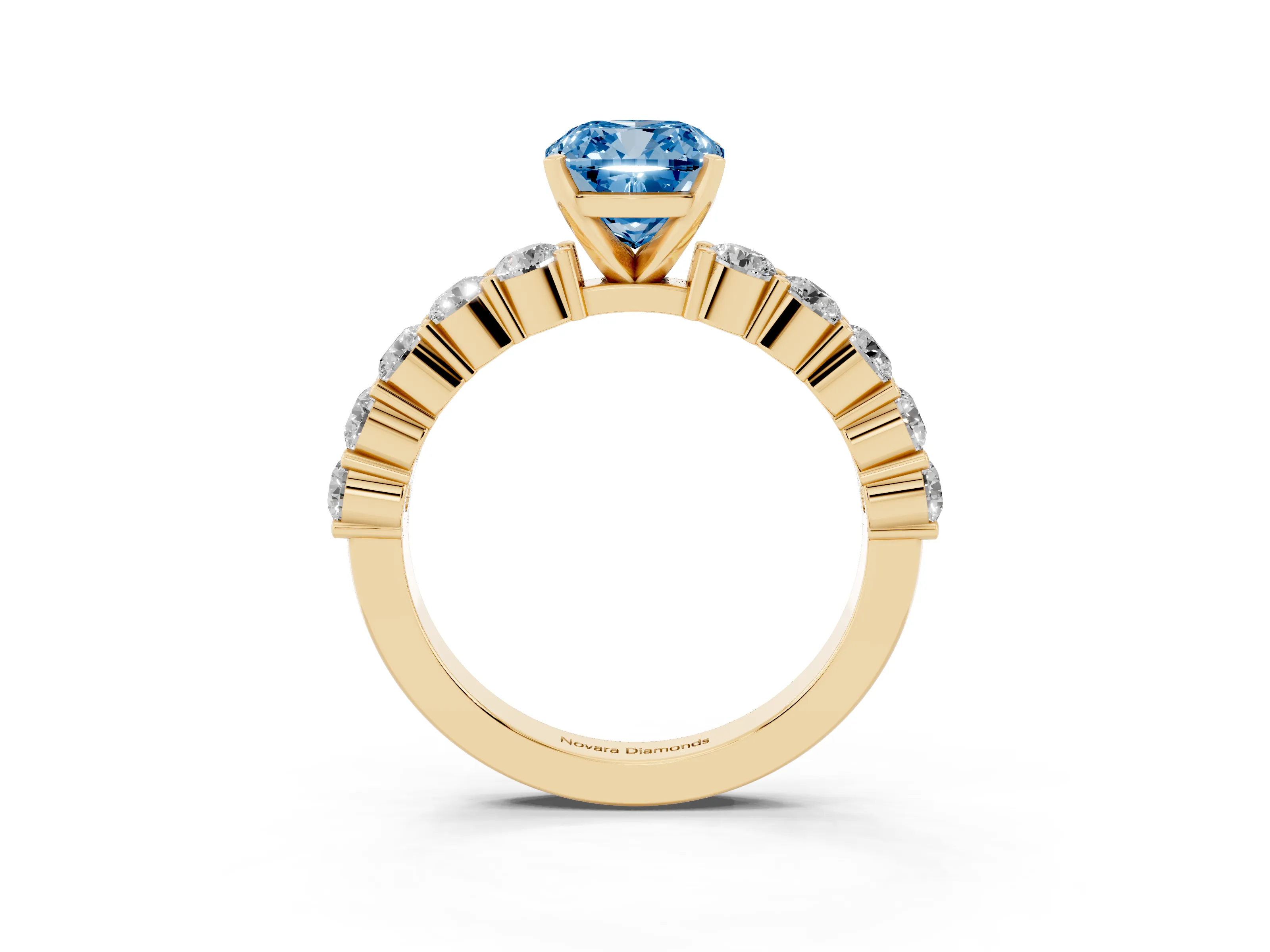 Fancy Blue Cushion Cut Diamond Solitaire Ring Set in Yellow gold with Shared Prong Round Side Stones