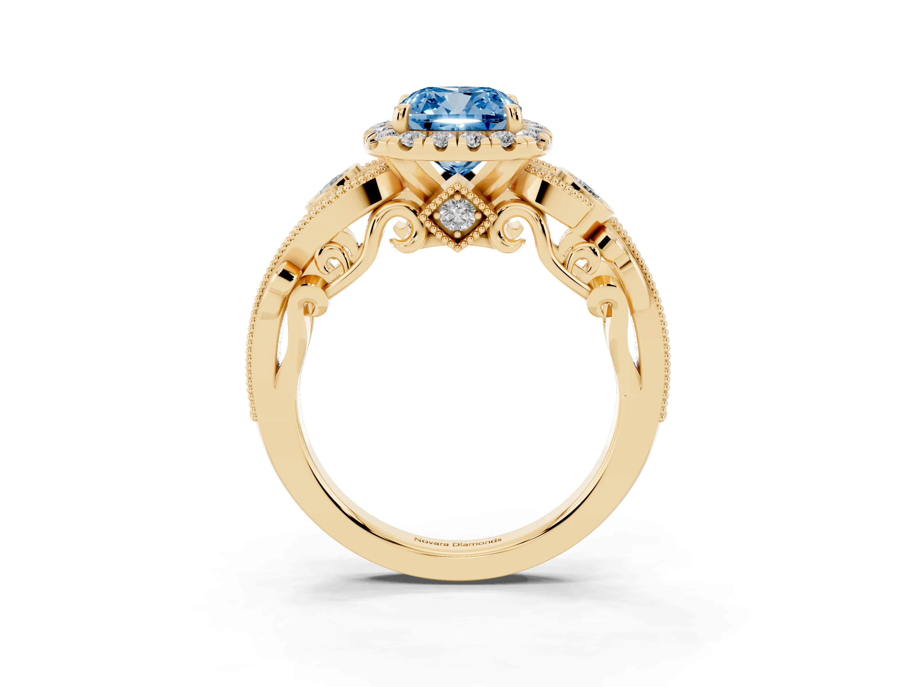 Fancy Blue Cushion Cut Diamond Halo Ring Set in Yellow gold with Milgrain Pavé Band and Prong Setting