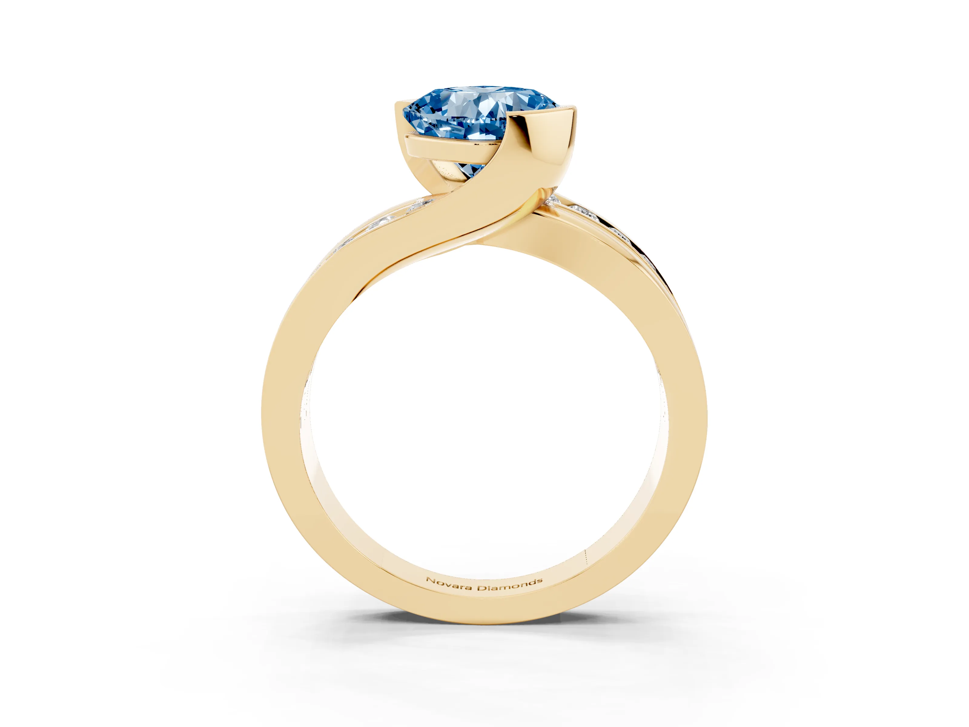 Fancy Blue Cushion Cut Diamond Solitaire Ring Set in Yellow gold with Channel Set Split Shank and Tension Prongs