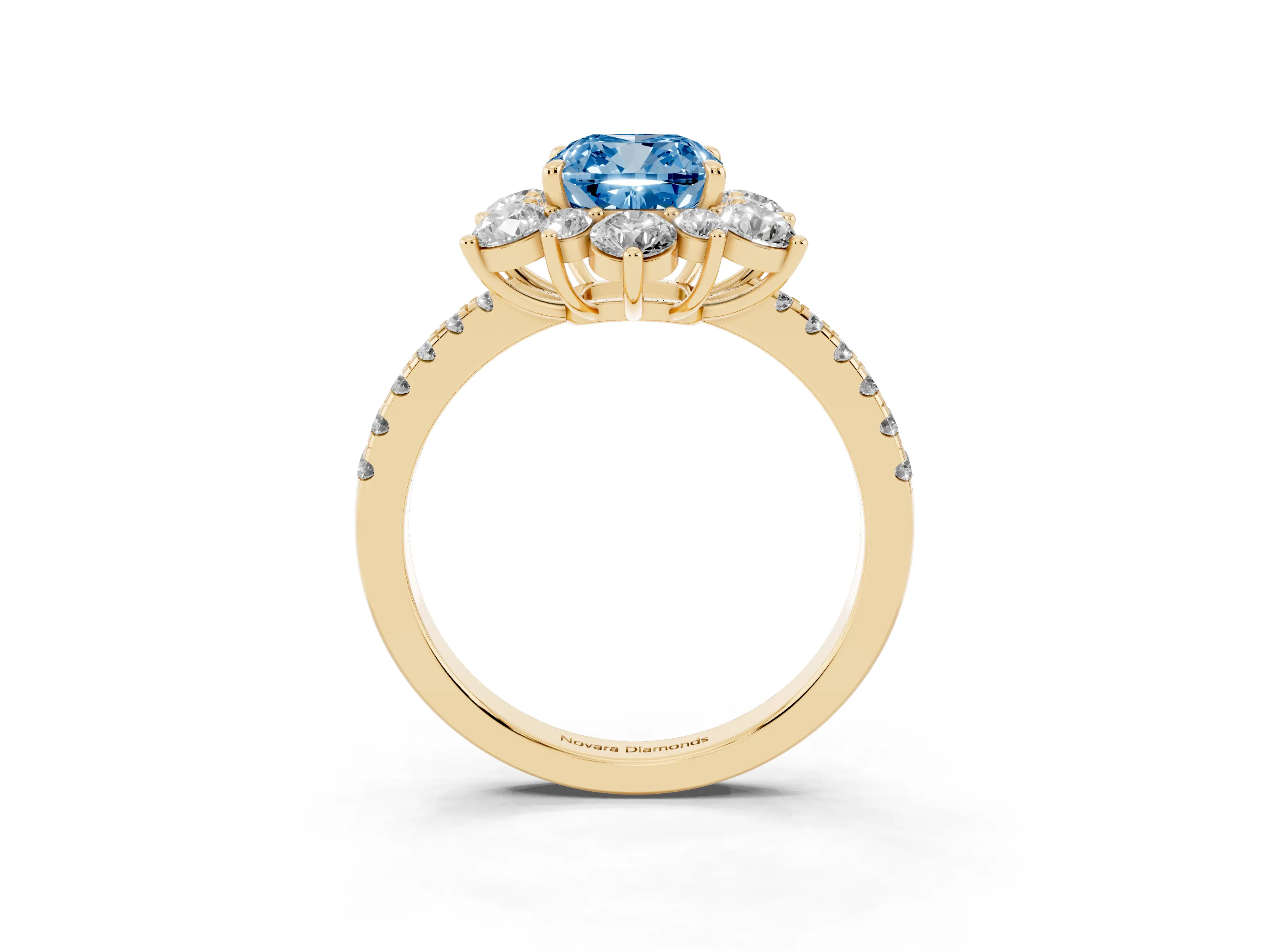 Fancy Blue Cushion Cut Diamond Floral Halo Ring Set in Yellow gold with Round Pavé Band and Prong Setting