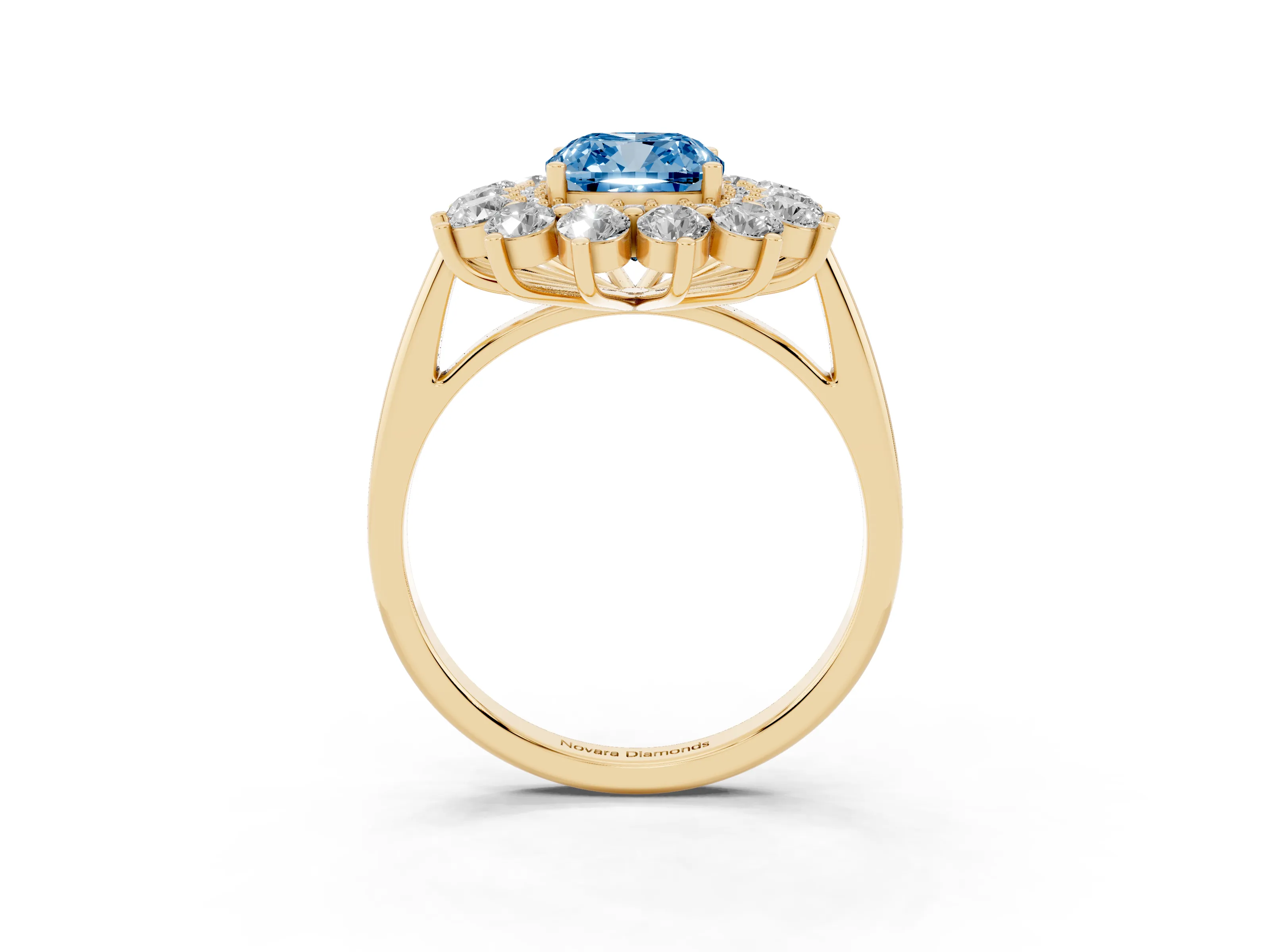 Fancy Blue Cushion Cut Diamond Floral Double Halo Ring Set in Yellow gold with Round Petals