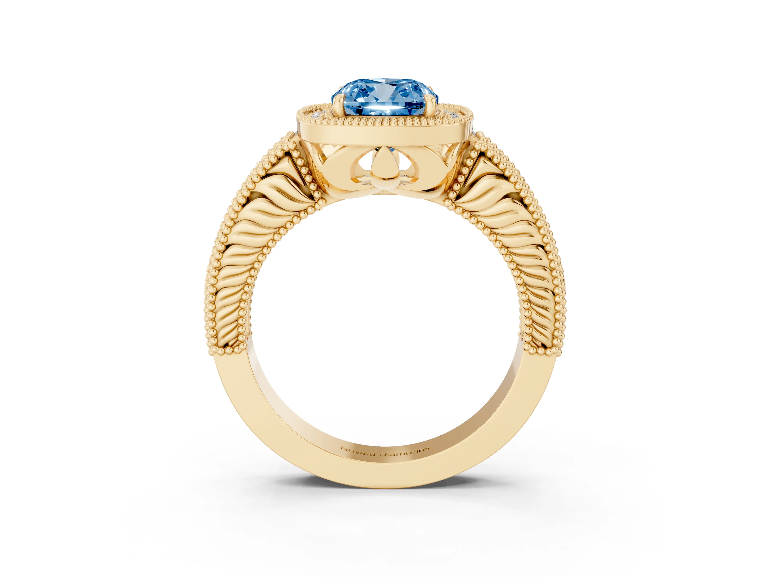 Fancy Blue Cushion Cut Diamond Halo Ring Set in Yellow gold with Round Accent Halo, Pavé Band and Prong Setting