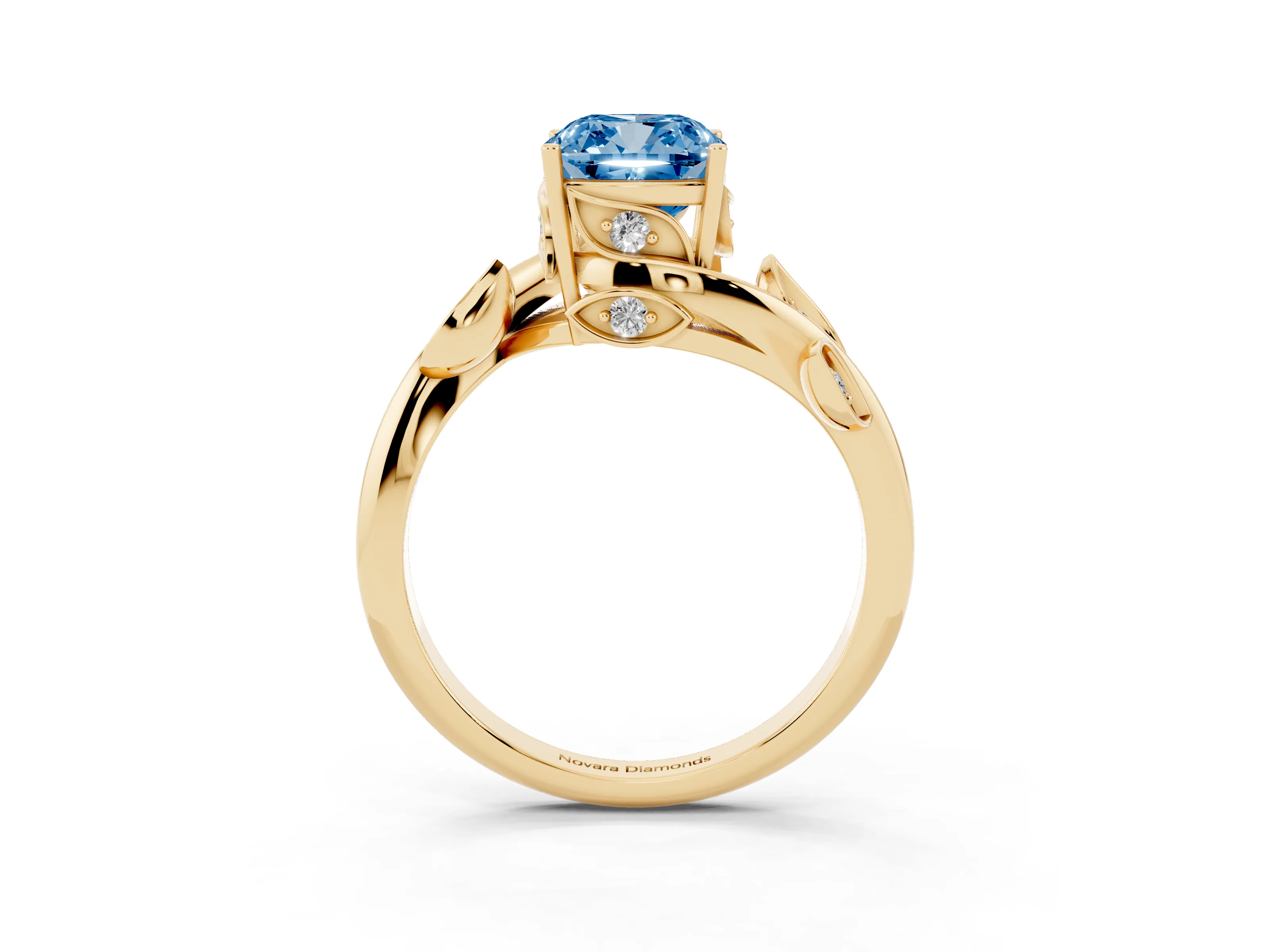 Fancy Blue Cushion Cut Diamond Solitaire Twist Engagement Ring Set in Yellow gold with Pavé Leaf Accents