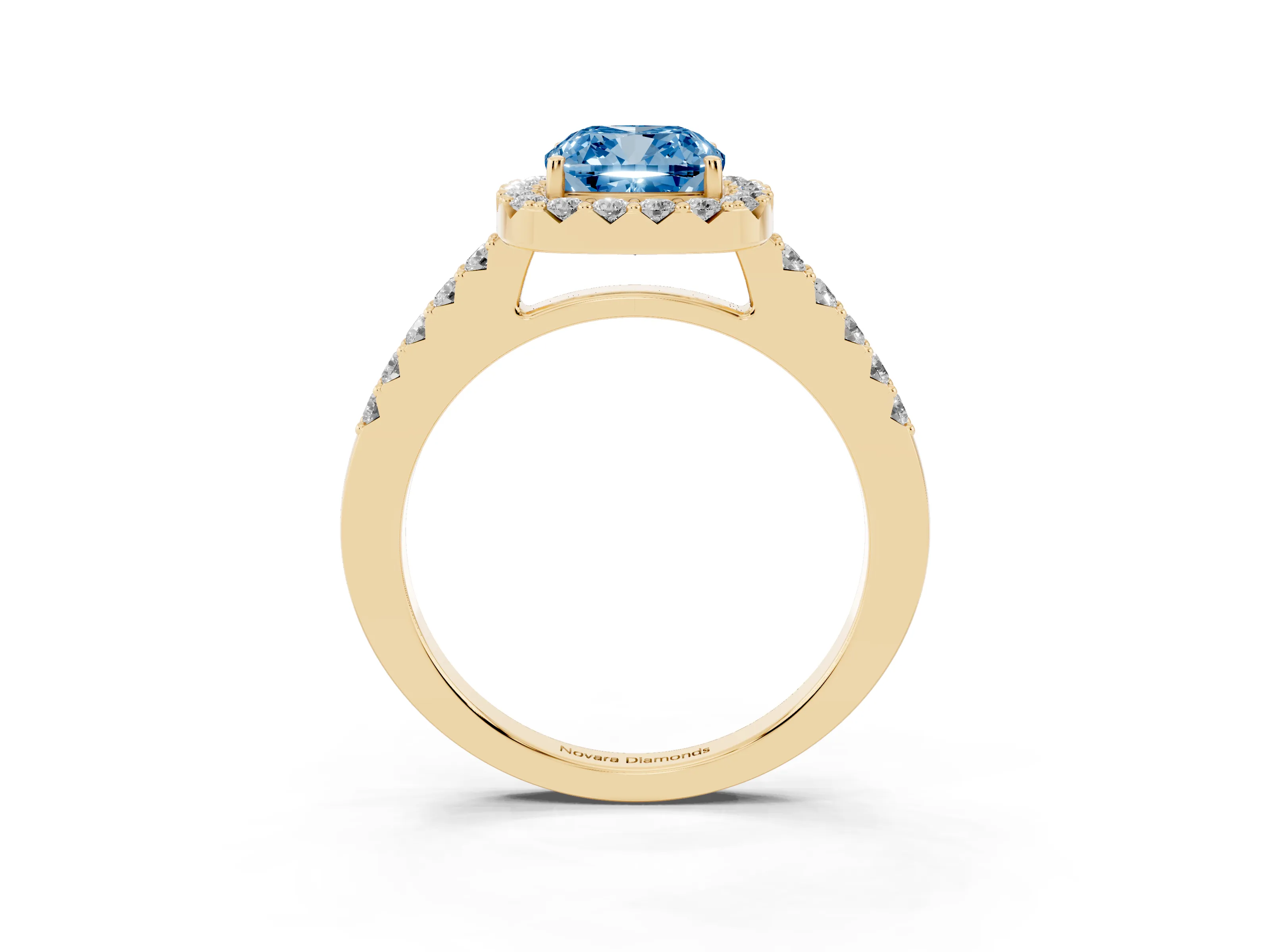 Fancy Blue Cushion Cut Diamond Halo Pavé Solitaire Ring Set in Yellow gold with Prong-Set Center Stone