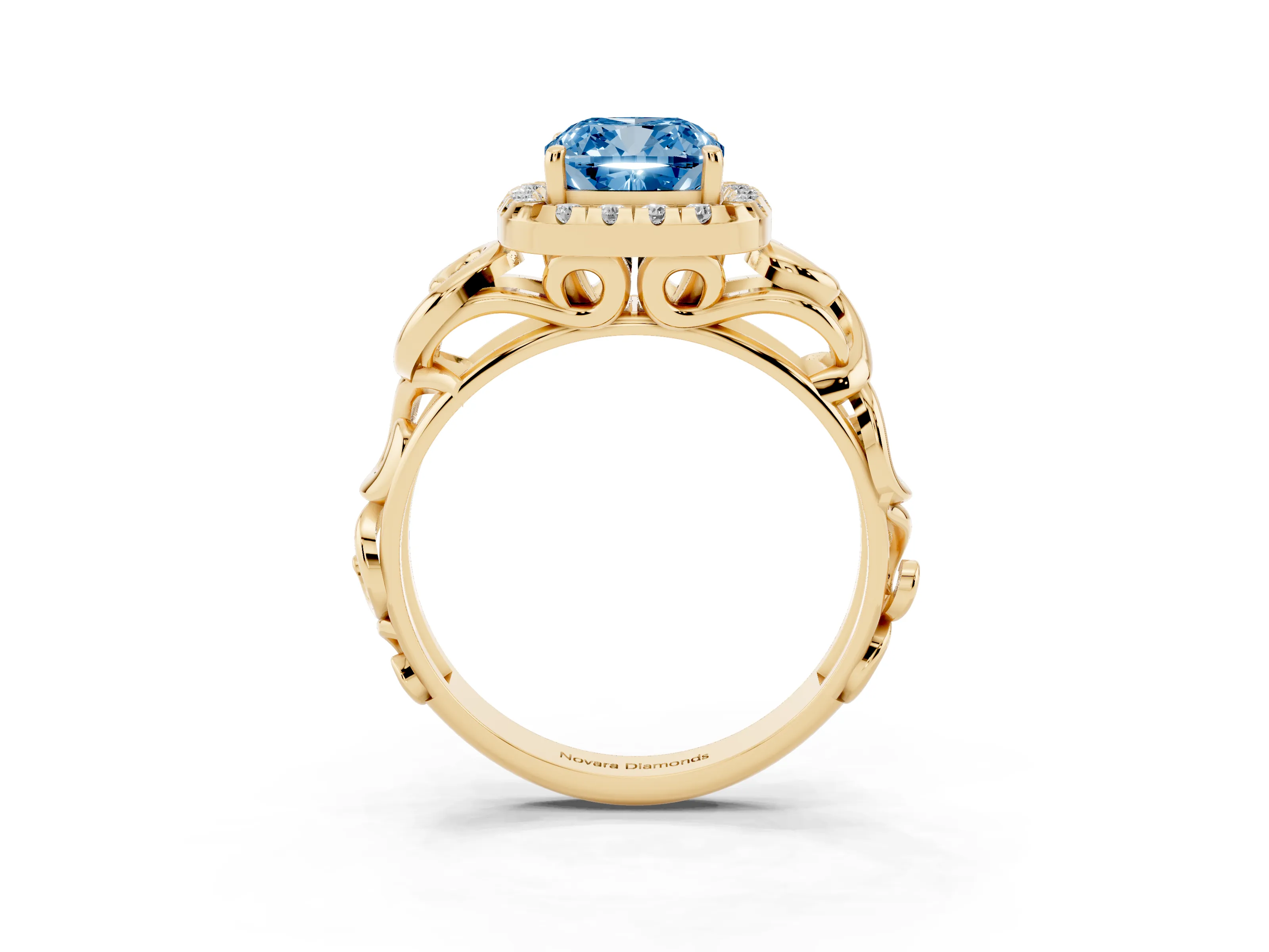 Fancy Blue Cushion Cut Diamond Halo Ring Set in Yellow gold with Scrollwork Band and Prong Setting
