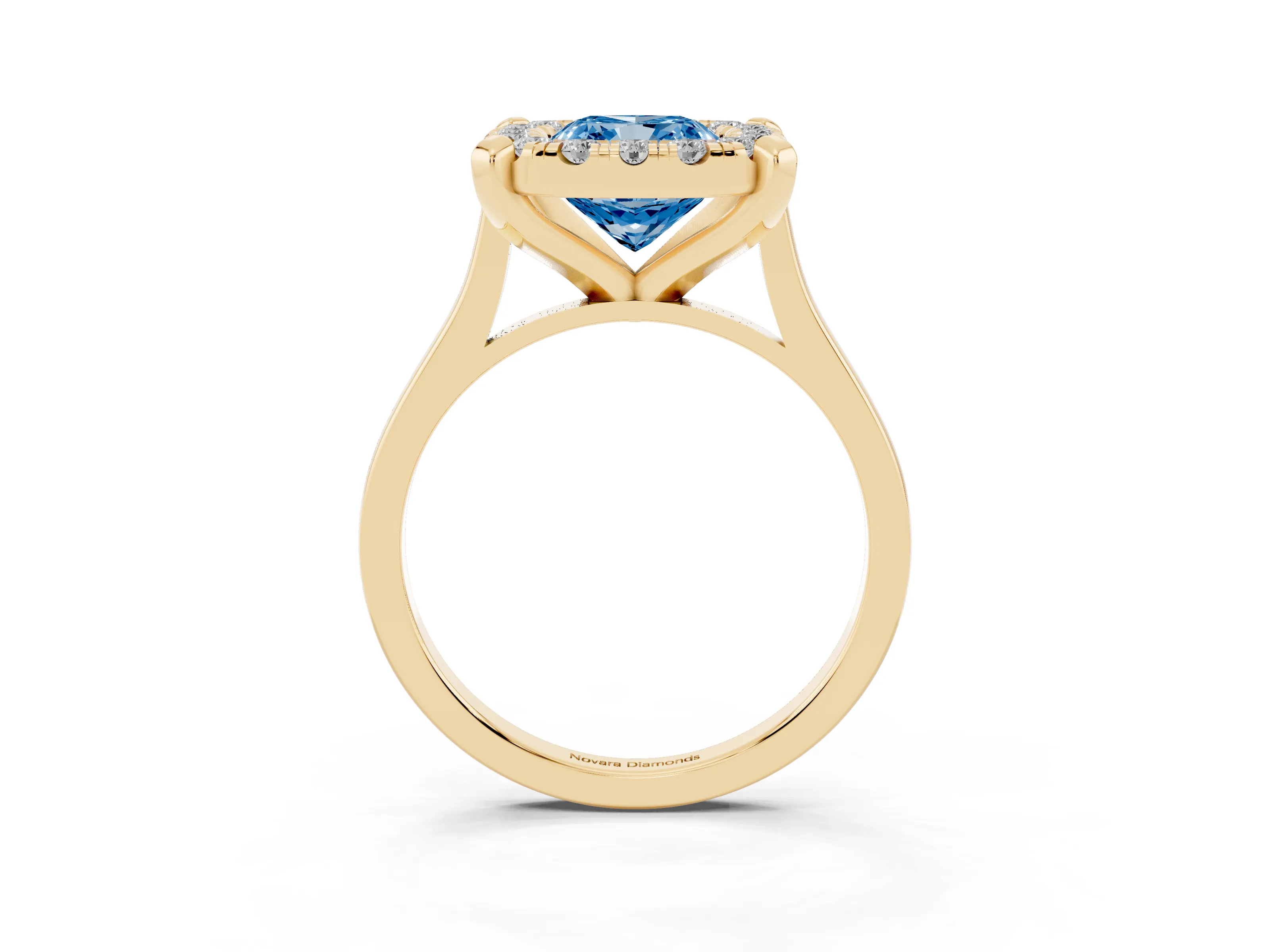 Fancy Blue Cushion Cut Diamond Cluster Halo Solitaire Ring Set in Yellow gold with Prong Setting