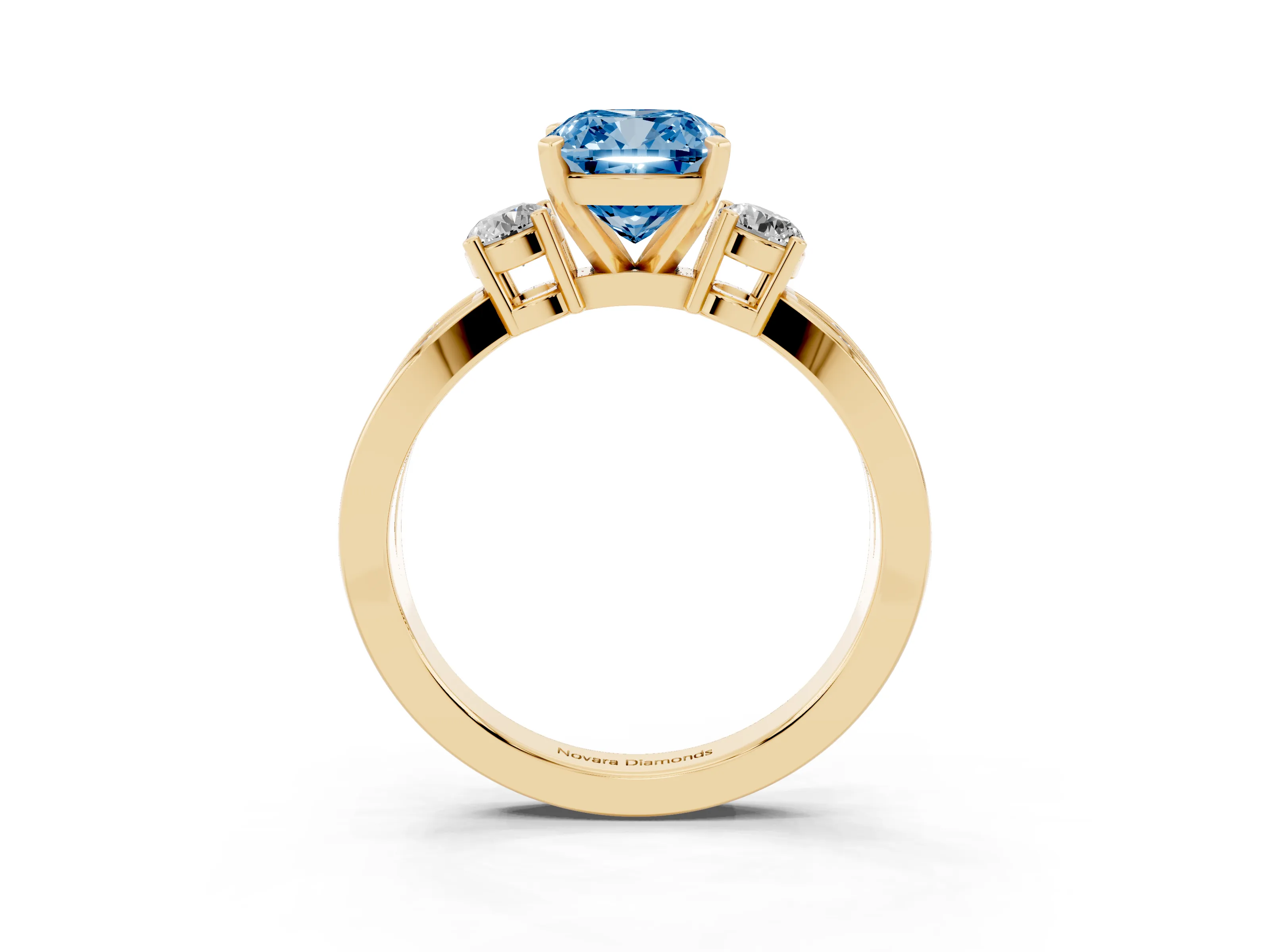 Fancy Blue Three-Stone Cushion Cut Diamond Twist Band Ring Set in Yellow gold with Pavé Accents and Prong Setting
