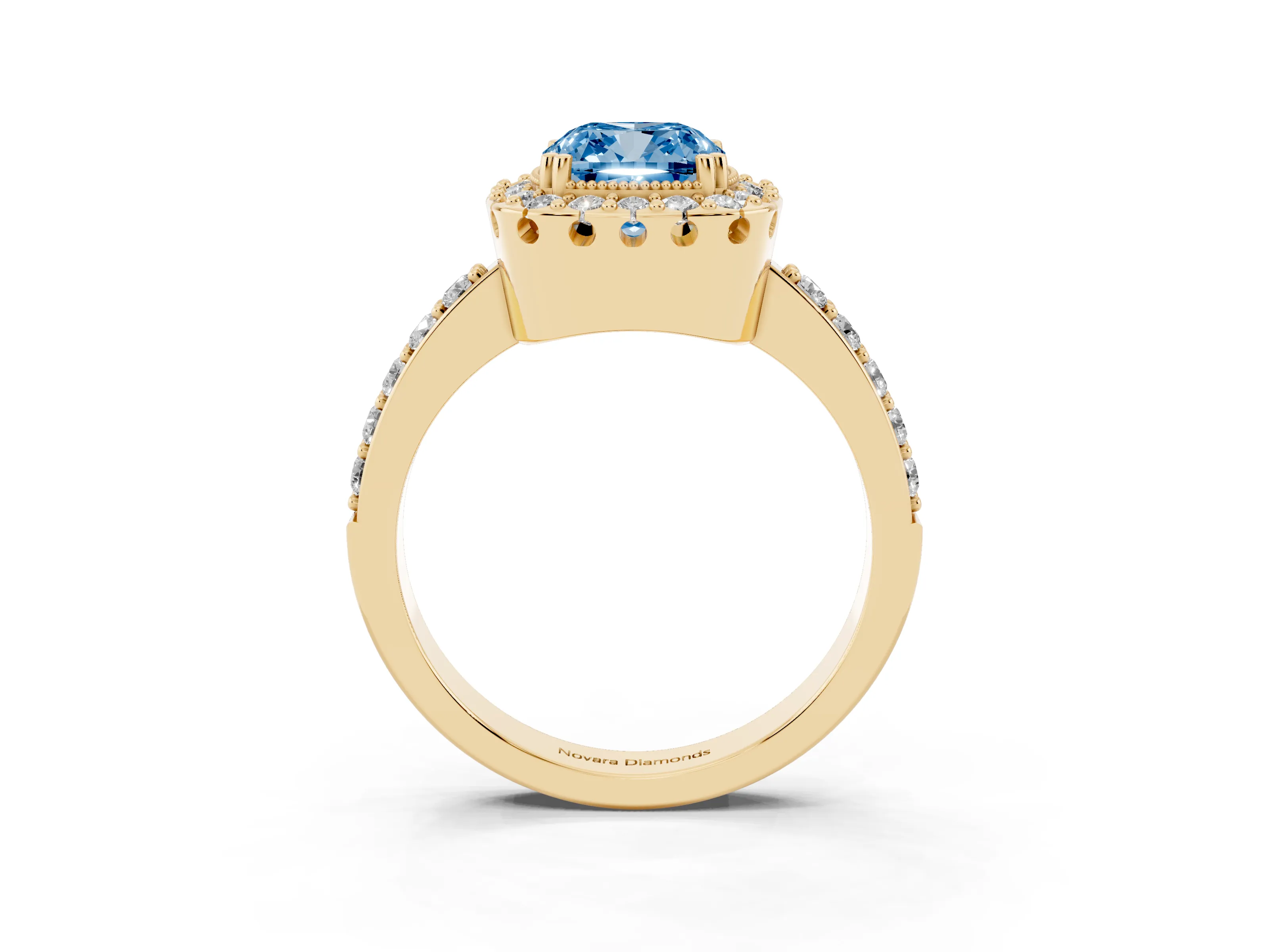 Fancy Blue Cushion Cut Diamond Halo Ring Set in Yellow gold with Pavé Shank and Prong Setting
