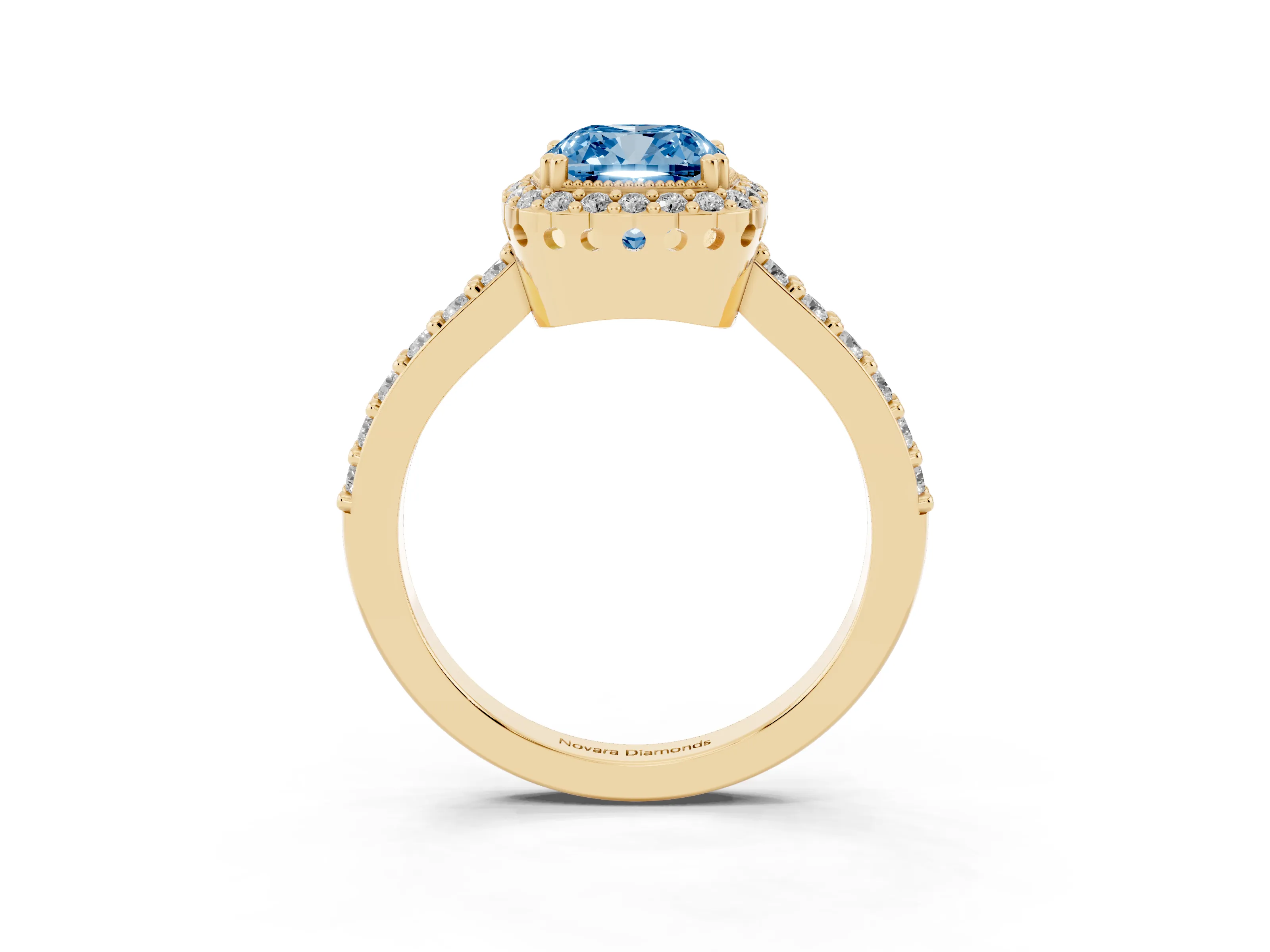Fancy Blue Cushion Cut Diamond Halo Engagement Ring Set in Yellow gold with Milgrain Detail and Pavé Band