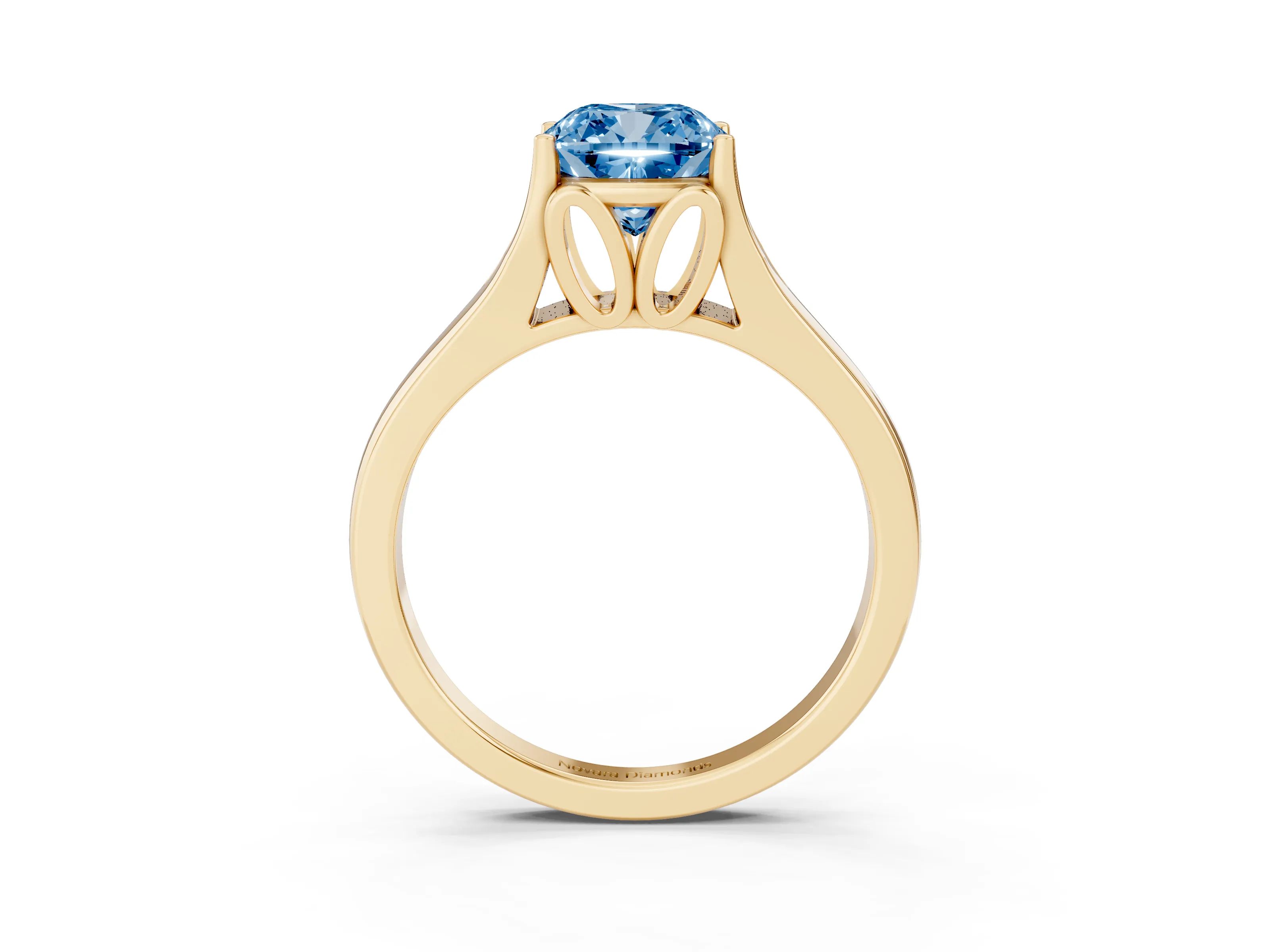 Fancy Blue Cushion Cut Diamond Solitaire Ring Set in Yellow gold with Arched Cathedral Band and Prong Setting