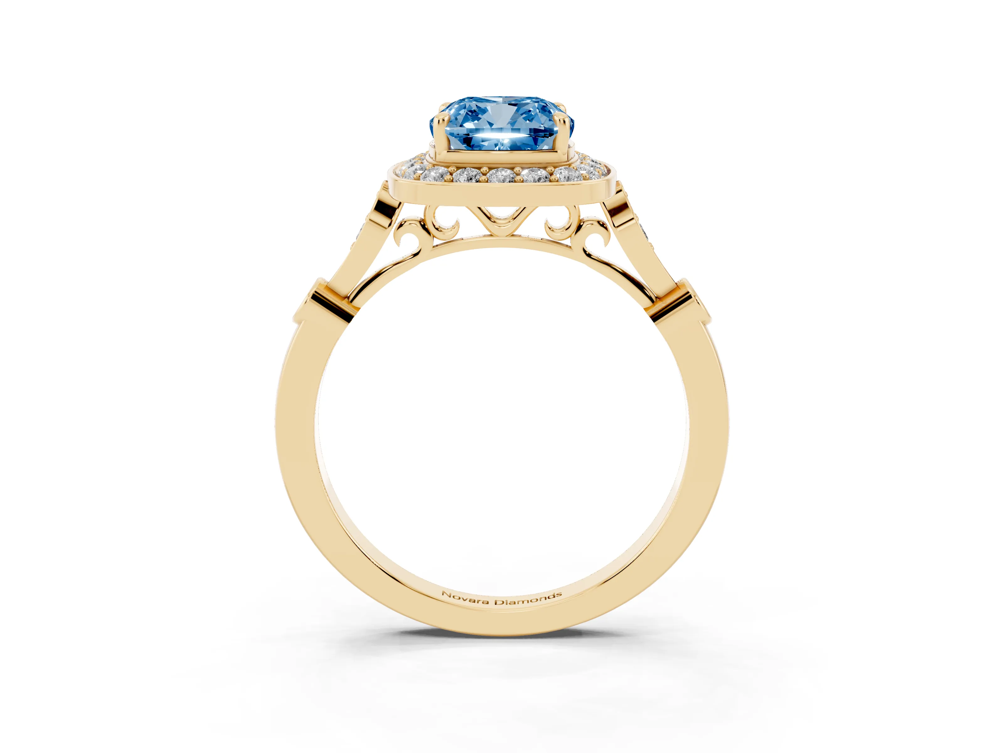 Fancy Blue Cushion Cut Diamond Halo Engagement Ring Set in Yellow gold with Twisted Band and Prong Setting