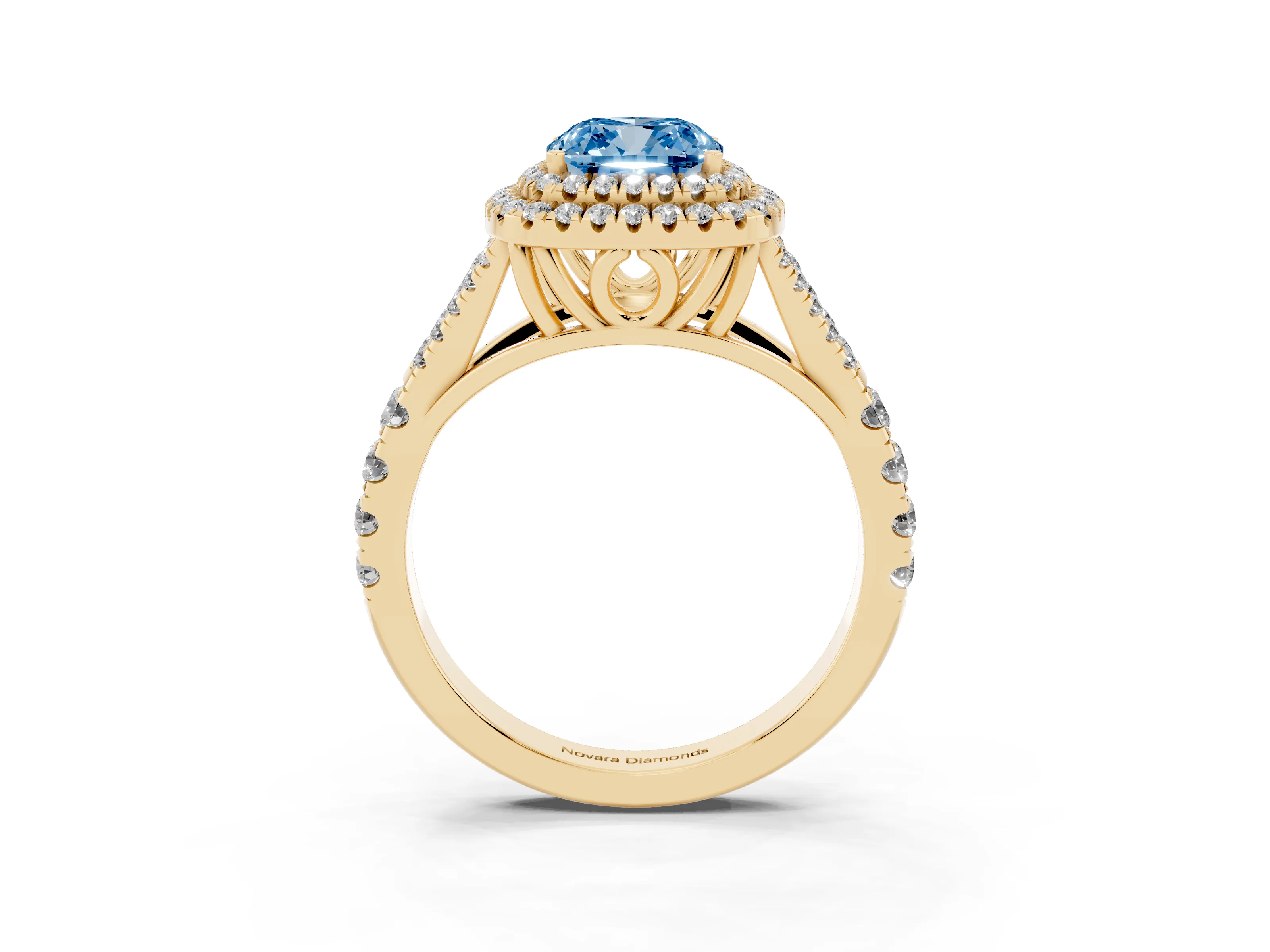 Fancy Blue Cushion Cut Diamond Pavé Split Shank Double Halo Engagement Ring Set in Yellow gold