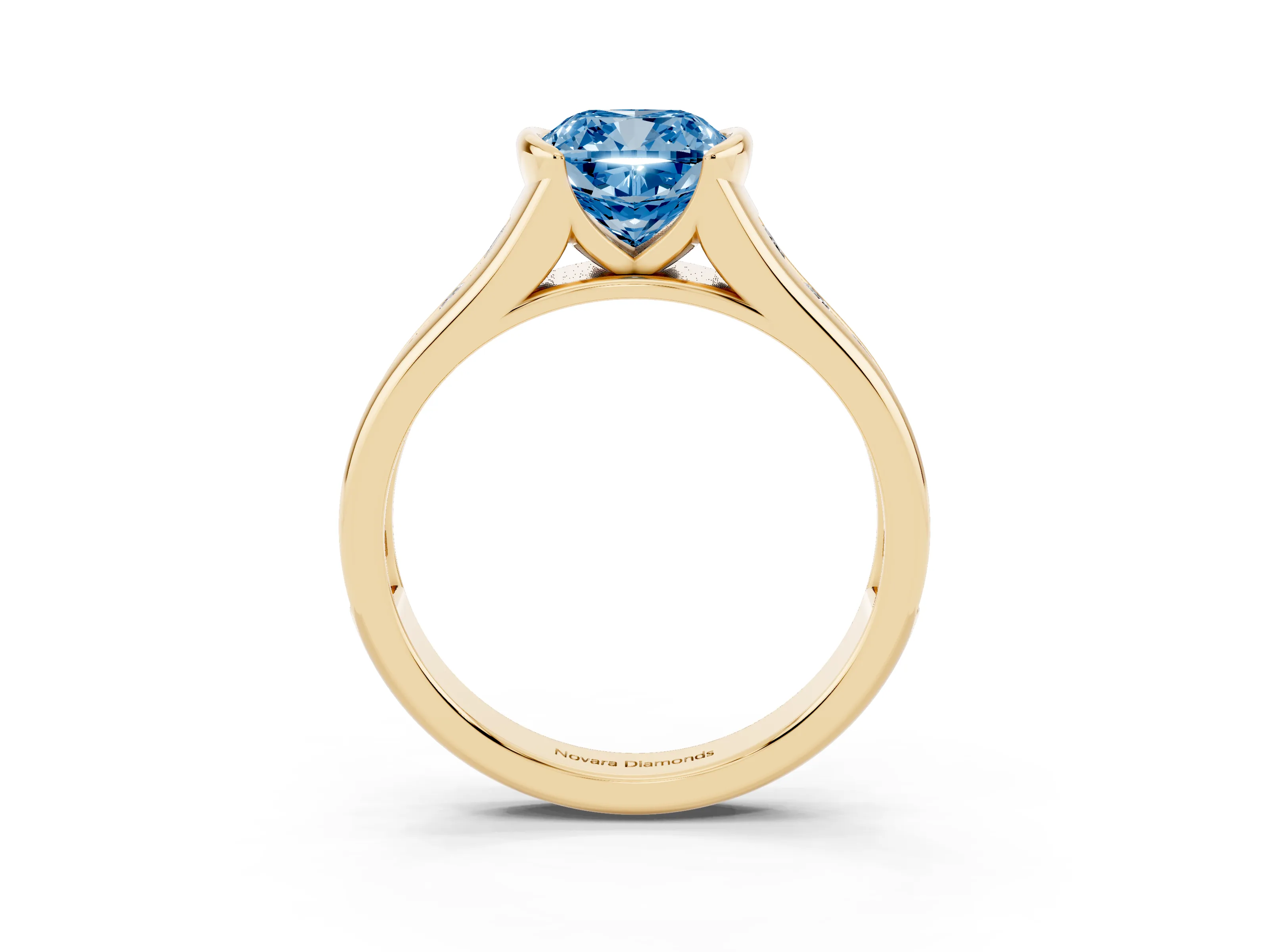 Fancy Blue Cushion Cut Diamond Bezel-Set Solitaire Ring Set in Yellow gold with Channel-Set Band