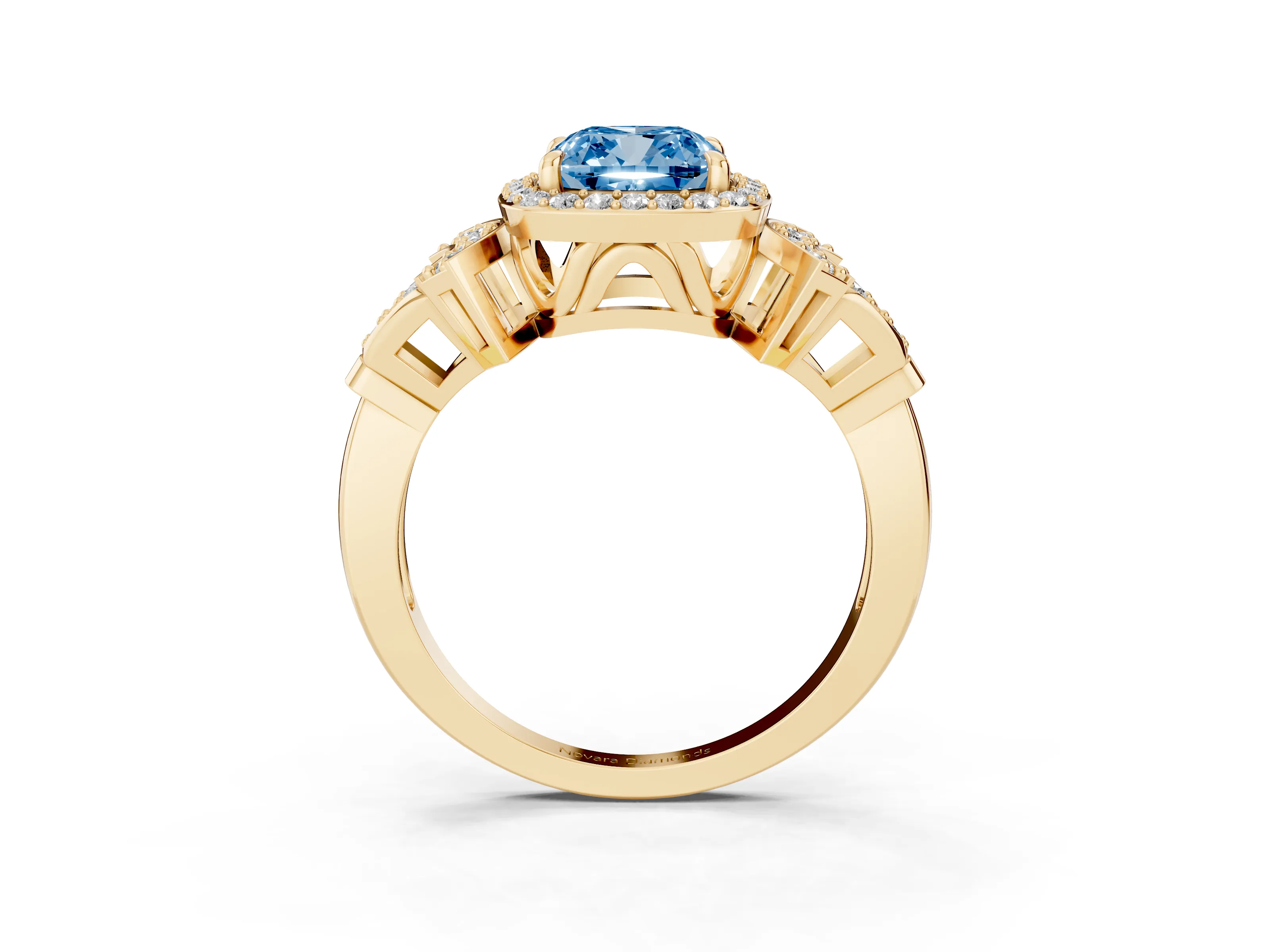 Fancy Blue Cushion Cut Diamond Halo Engagement Ring Set in Yellow gold with Accent Stone Split Shank