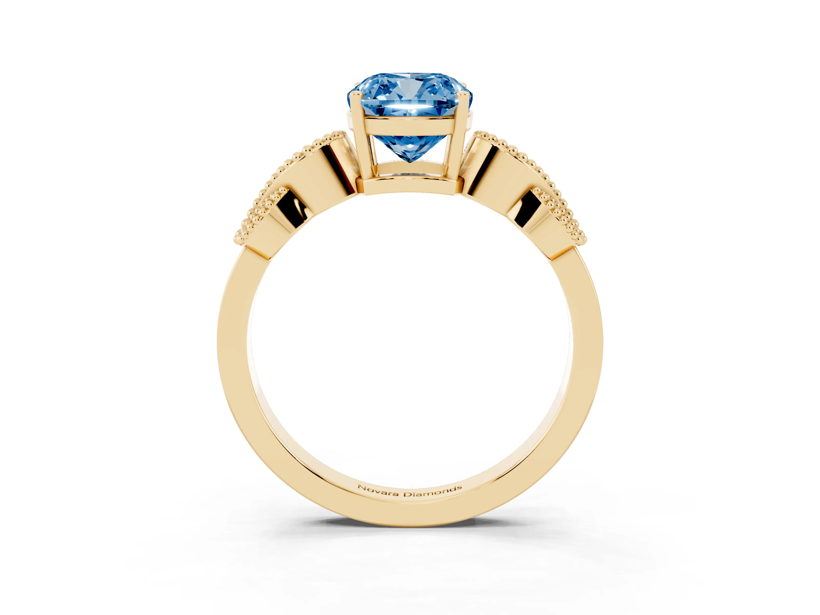 Fancy Blue Cushion Cut Diamond Milgrain Leaf Band Solitaire Ring Set in Yellow gold with Accent Stones and Prong Setting