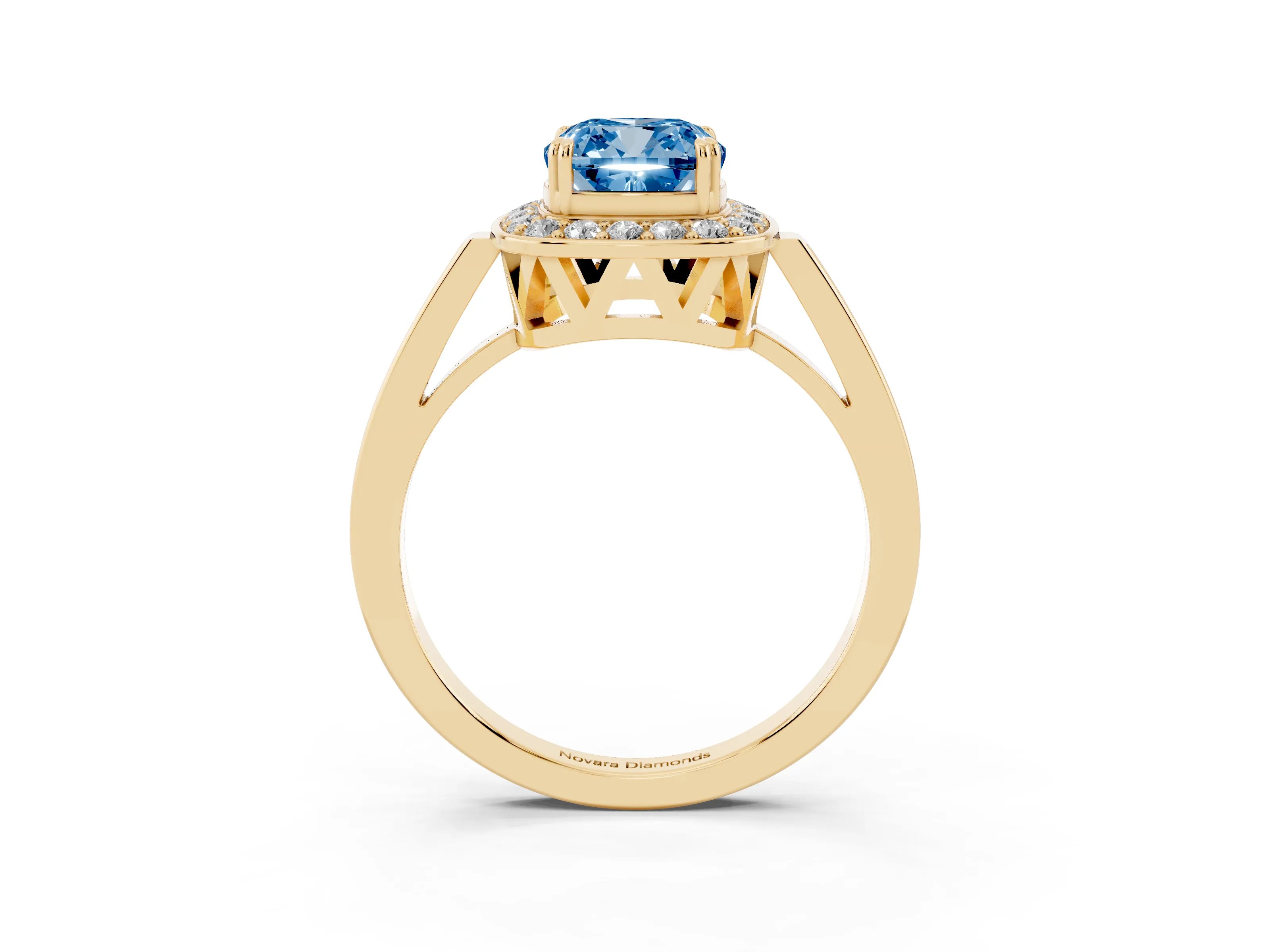 Fancy Blue Cushion Cut Diamond Halo Ring Set in Yellow gold with Accent-Lined Split Shank and Prong Setting