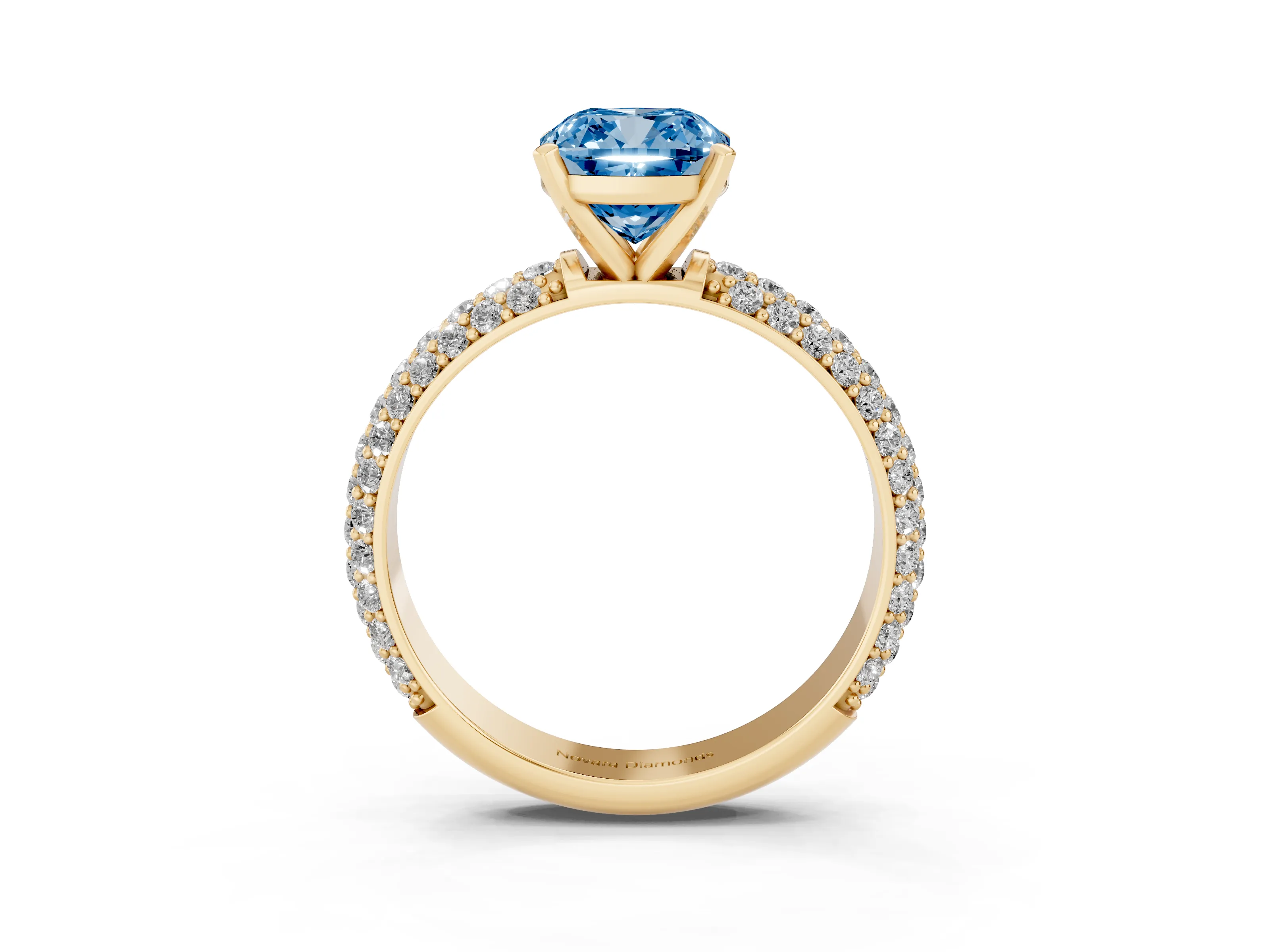 Fancy Blue Cushion Cut Diamond Solitaire Ring Set in Yellow gold with Prong Setting and Pavé-Set Band