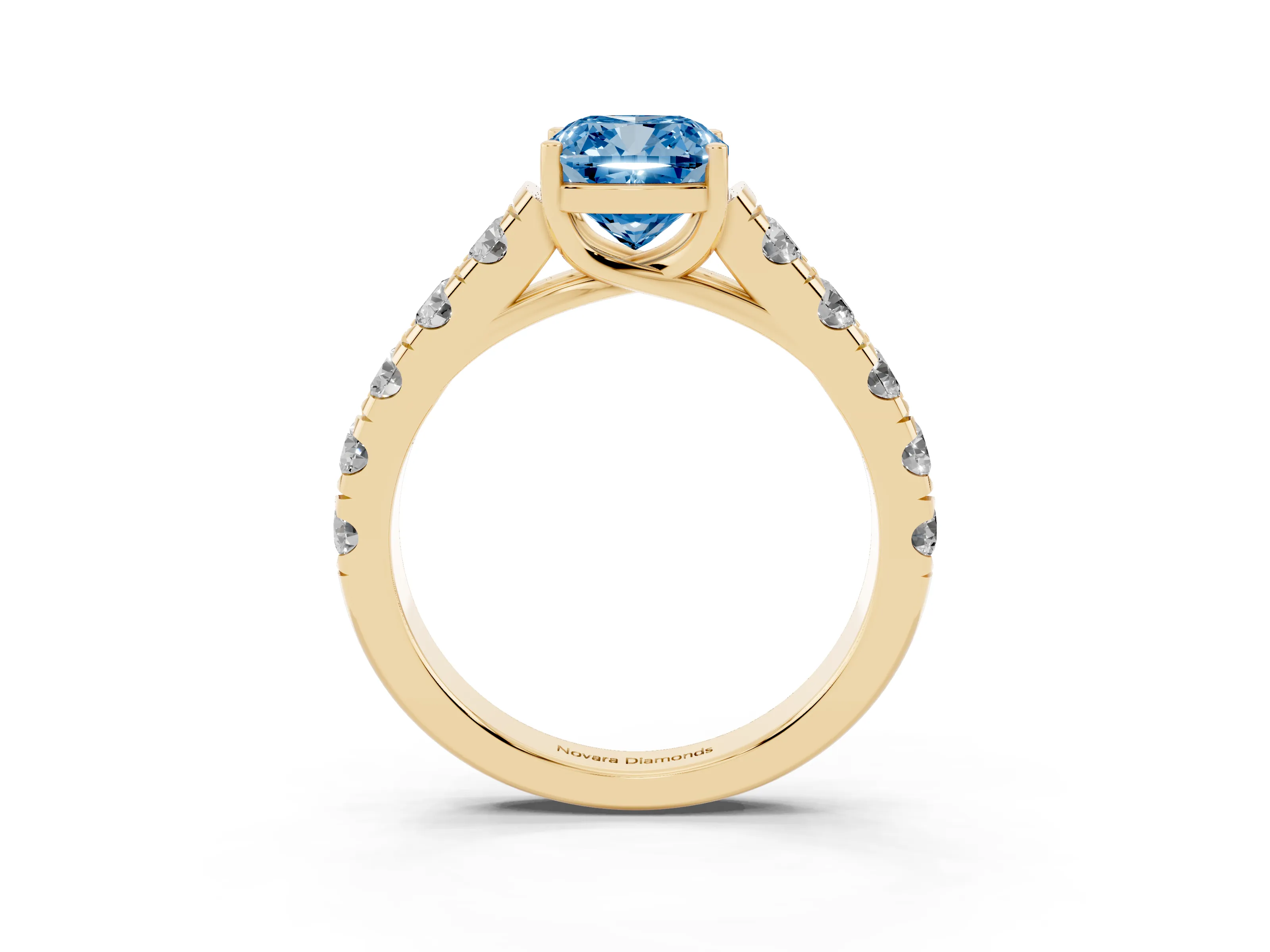 Fancy Blue Cushion Cut Diamond Solitaire Ring Set in Yellow gold with Cut-Down Micro Pavé Band and Prong Setting