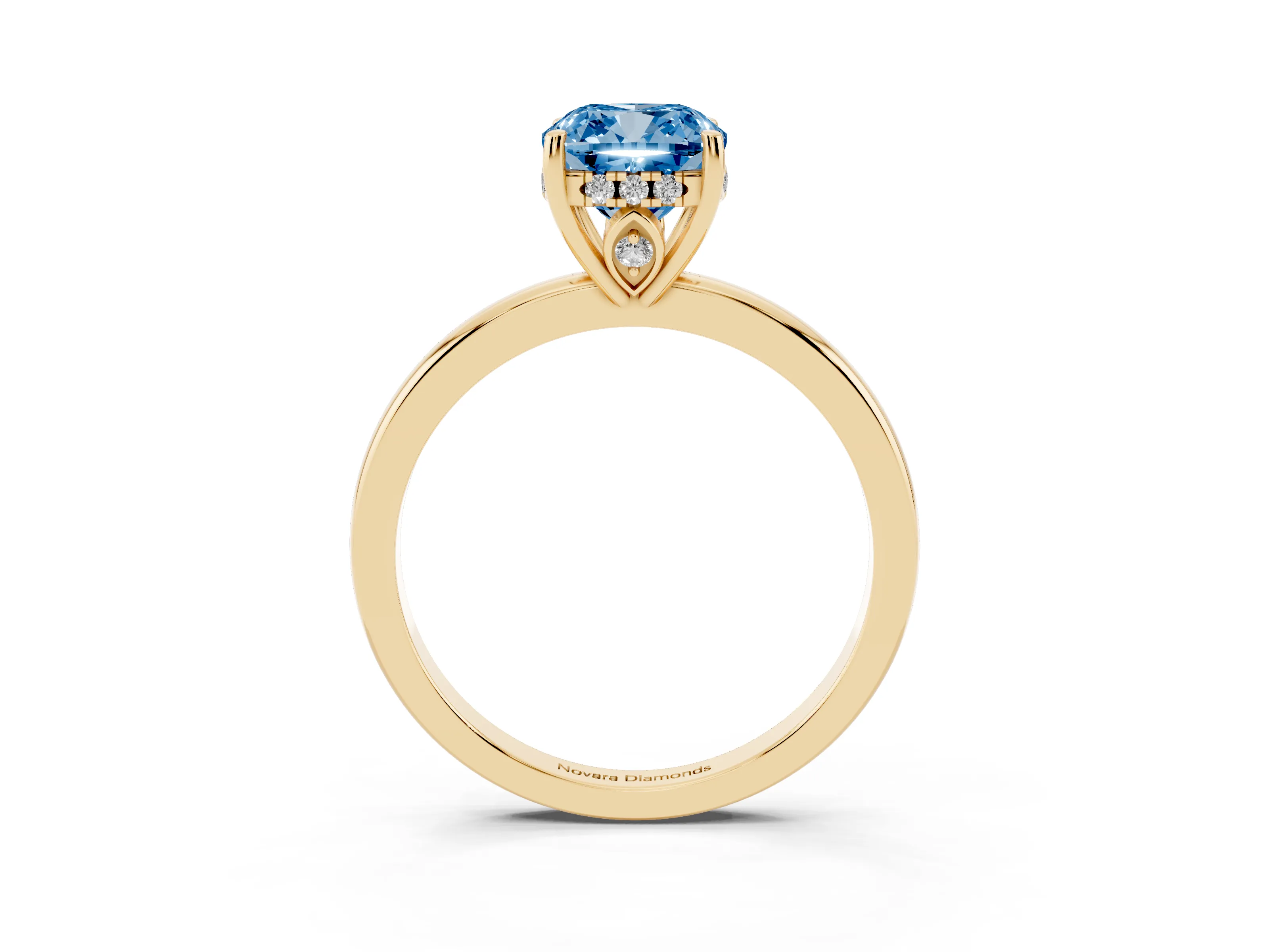 Fancy Blue Cushion Cut Diamond Solitaire Ring Set in Yellow gold with Plain Band and Prong Setting