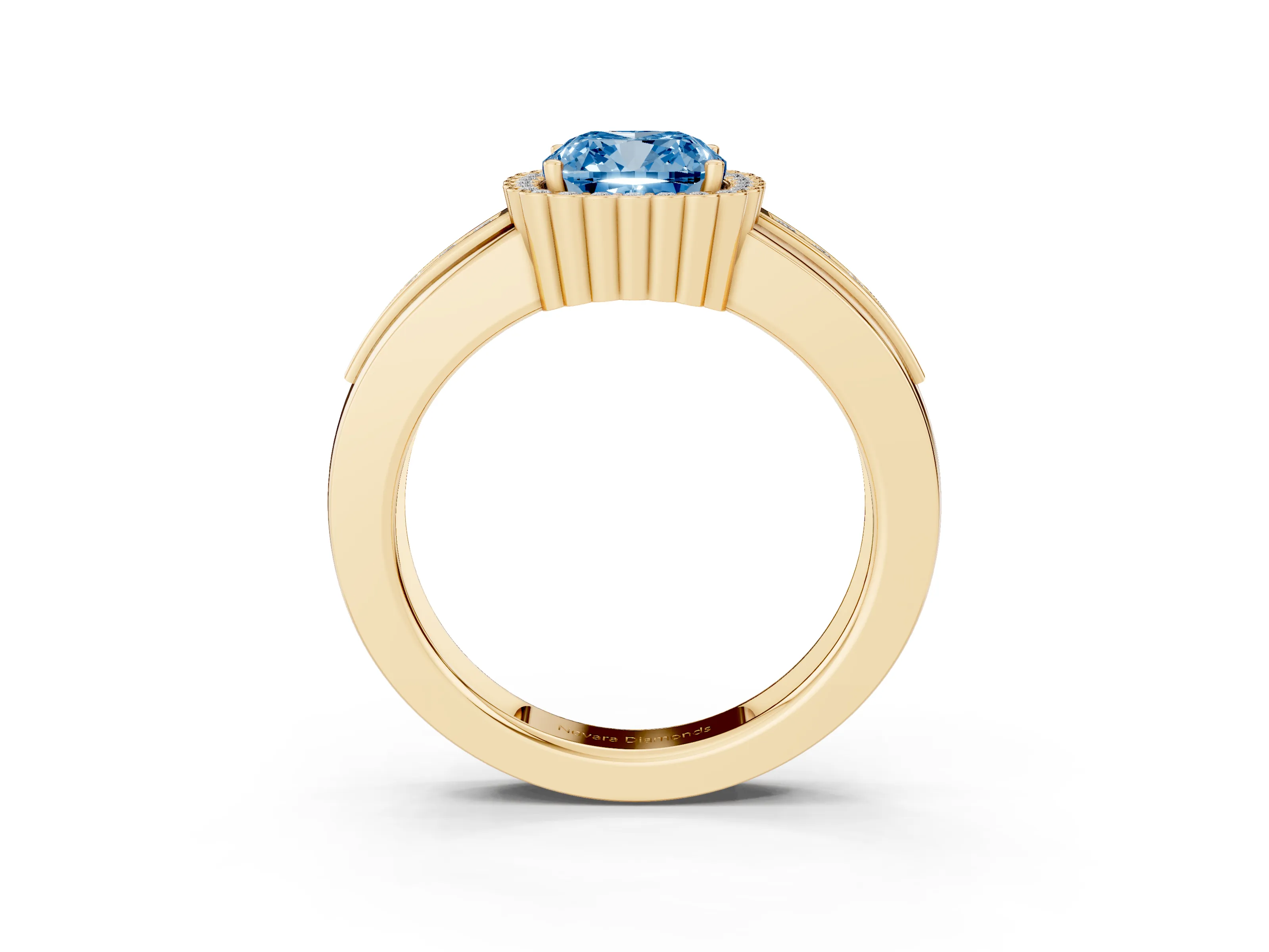 Fancy Blue Cushion Cut Diamond Halo Prong Ring Set in Yellow gold with Pavé Band