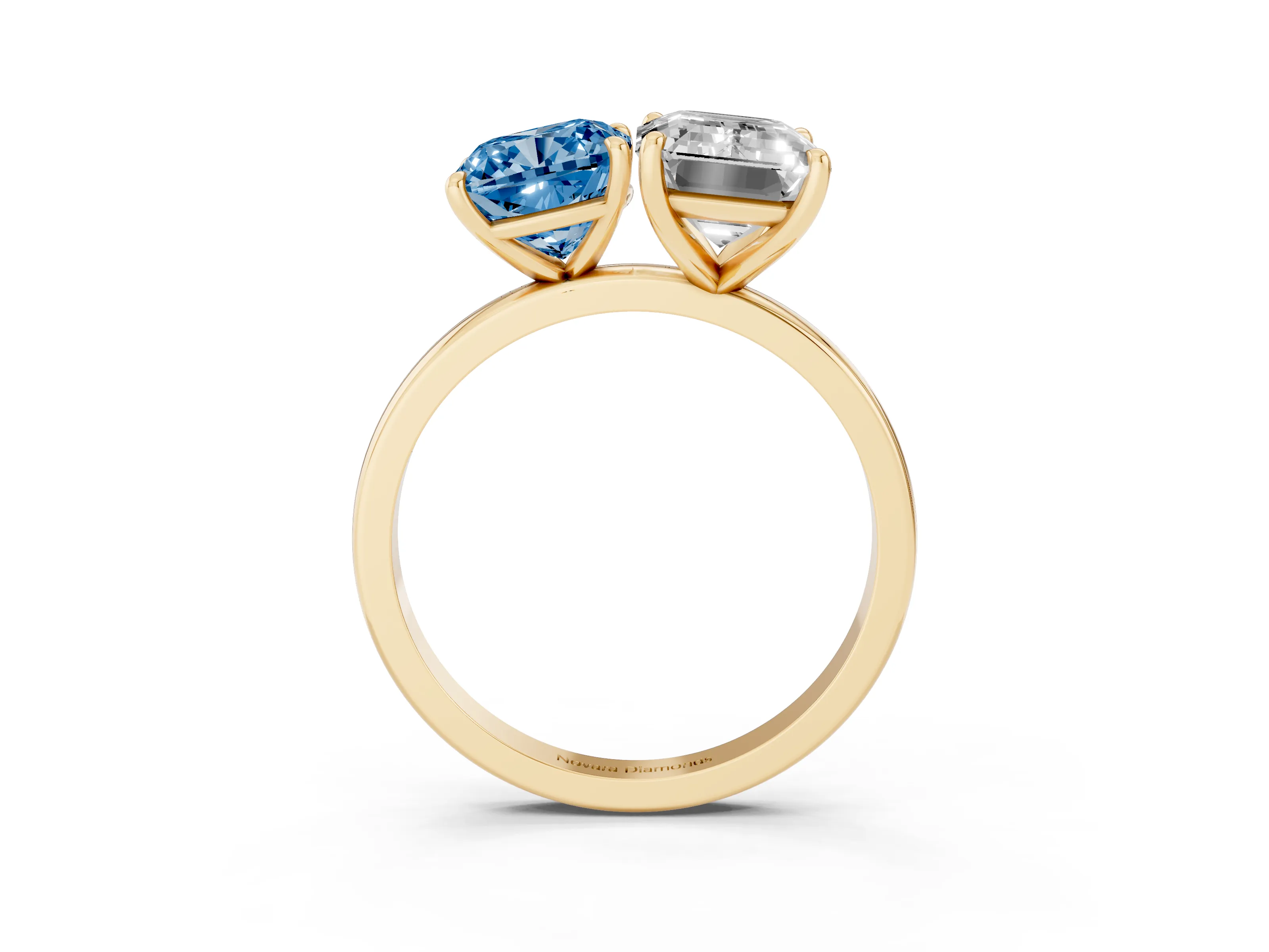 Fancy Blue Cushion Cut and Emerald Cut Toi Moi Ring Set in Yellow gold with Prong Setting