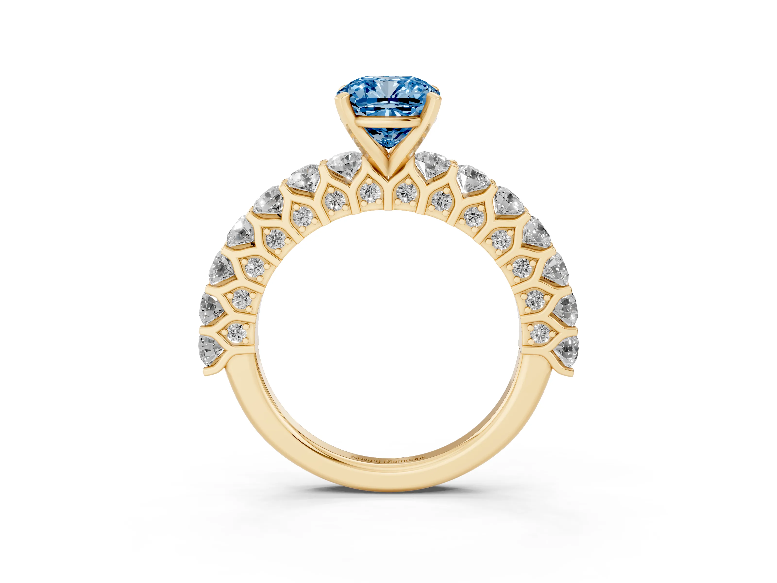 Fancy Blue Cushion Cut Diamond Solitaire Ring Set in Yellow gold with Shared Prong Pavé Band