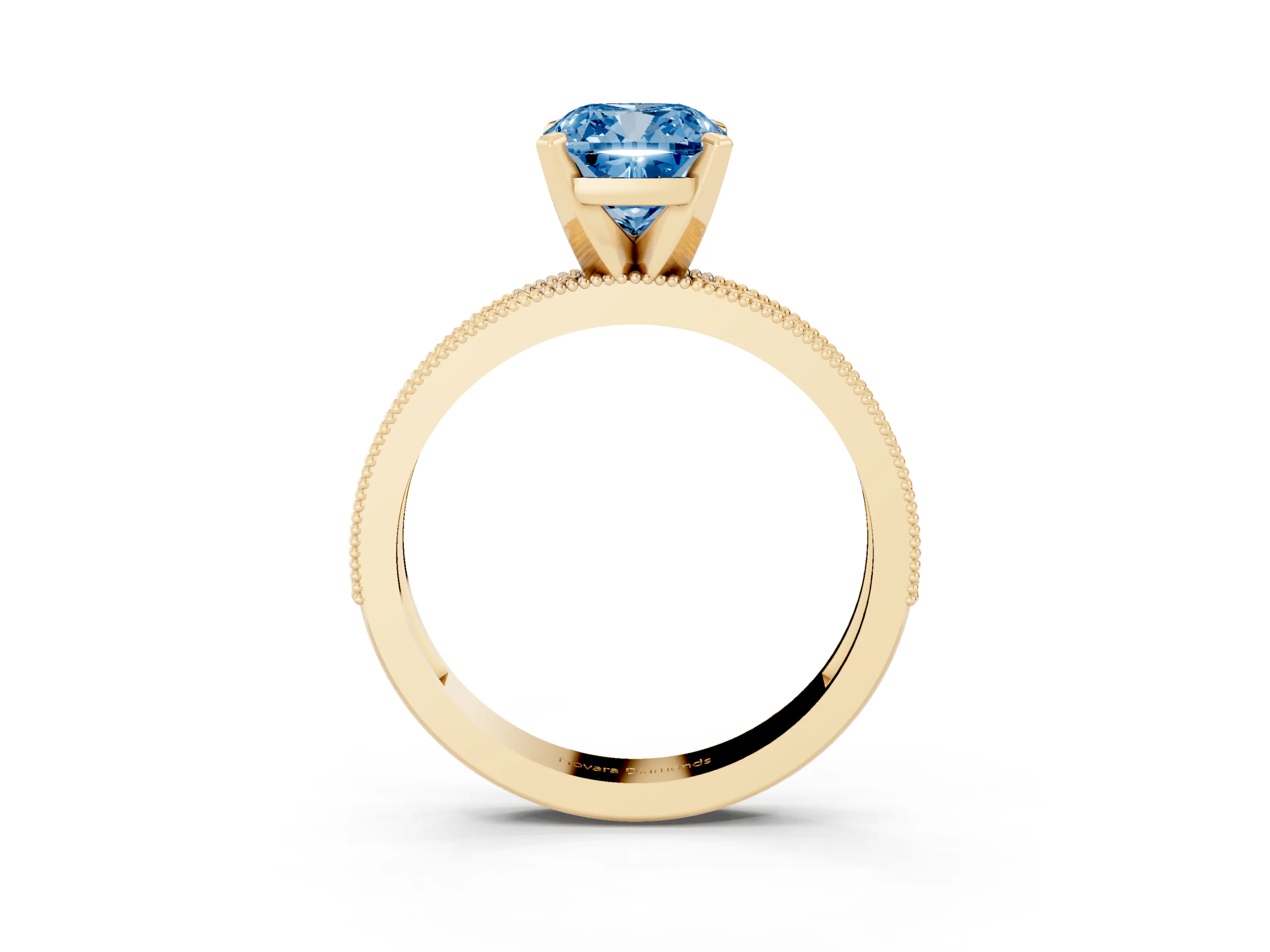 Fancy Blue Cushion Cut Diamond Milgrain Pavé Engagement Ring Set in Yellow gold with Prong Setting