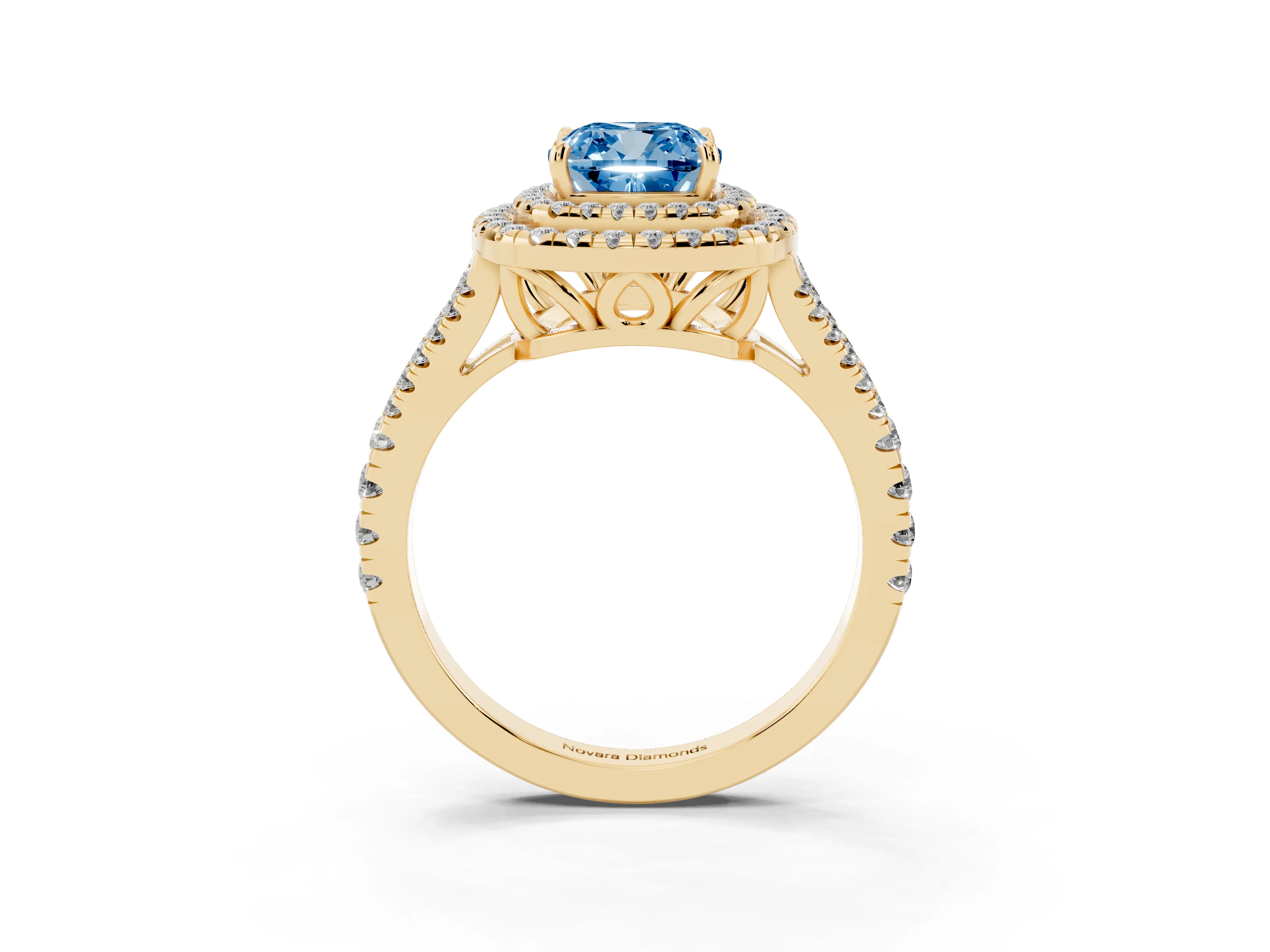 Fancy Blue Cushion Cut Diamond Double Halo Ring Set in Yellow gold with Pavé Band