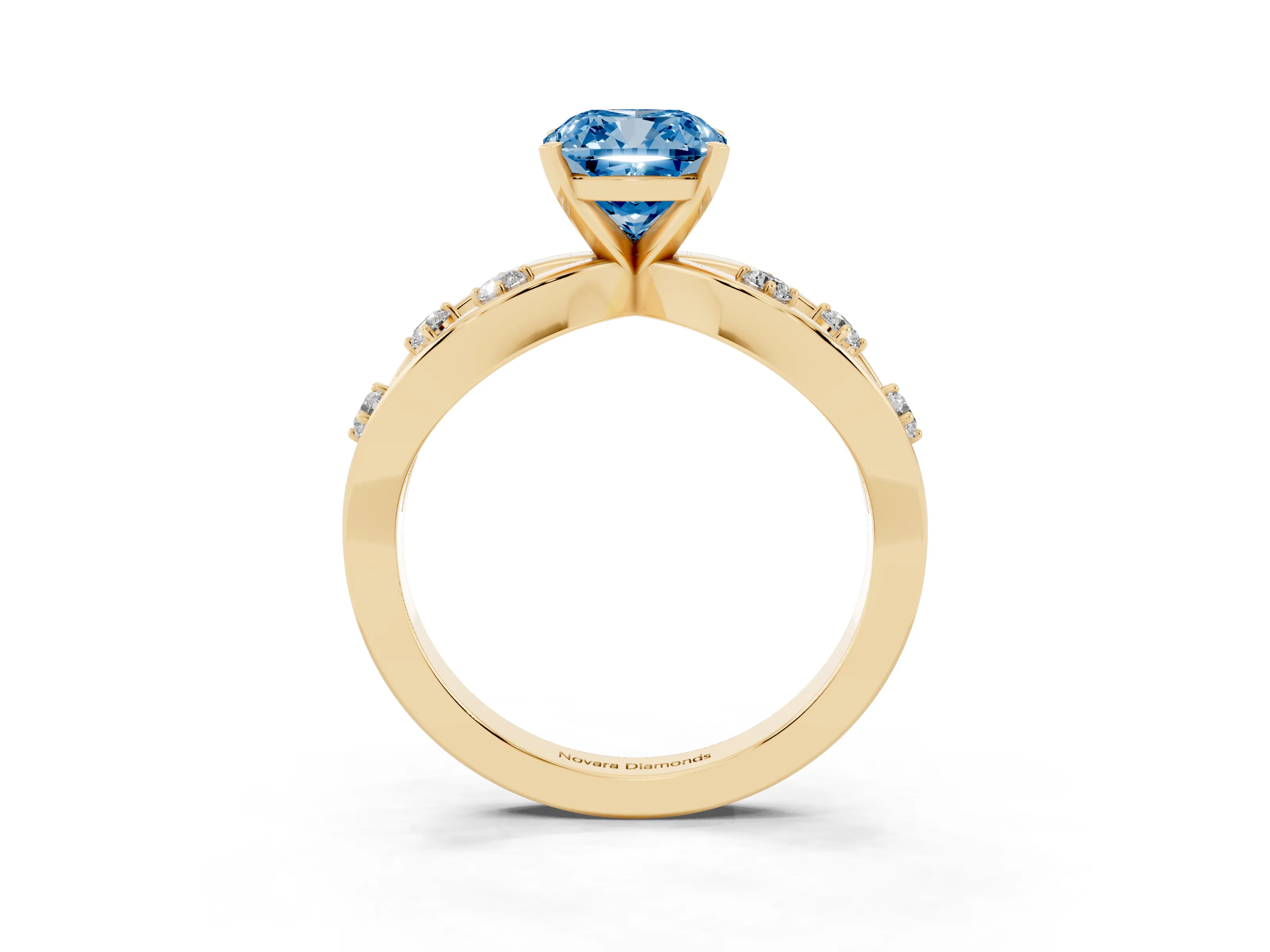 Fancy Blue Cushion Cut Diamond Solitaire Ring Set in Yellow gold with Side Stones on Criss-Cross Band and Prong Setting