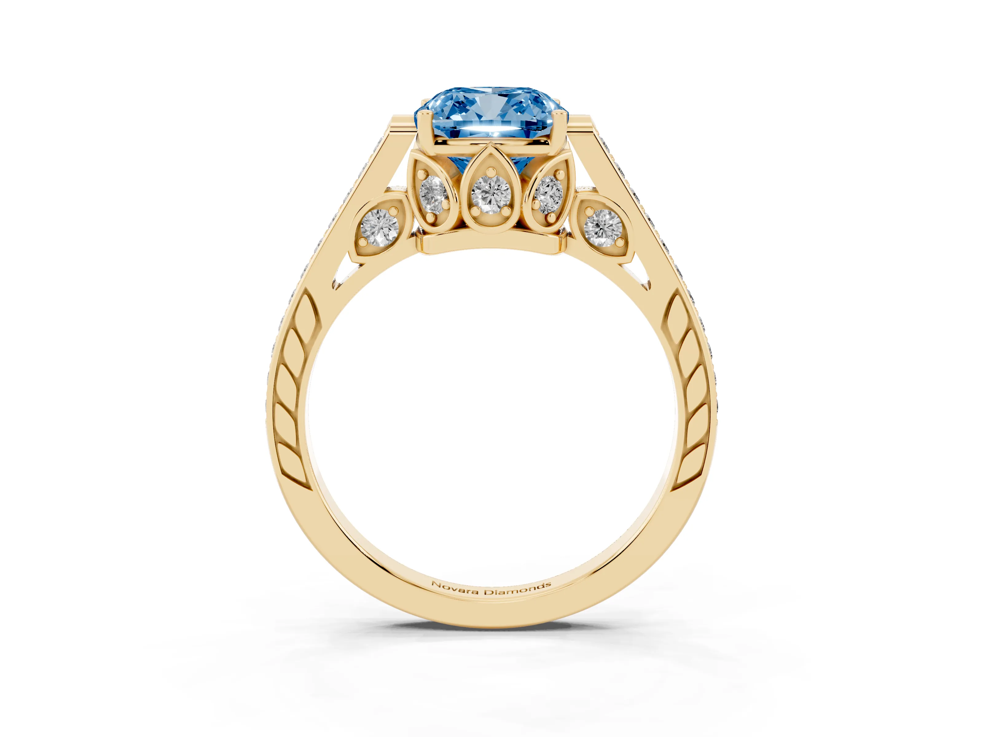 Fancy Blue Cushion Cut Diamond Cathedral Pavé Engagement Ring Set in Yellow gold with Prong Setting