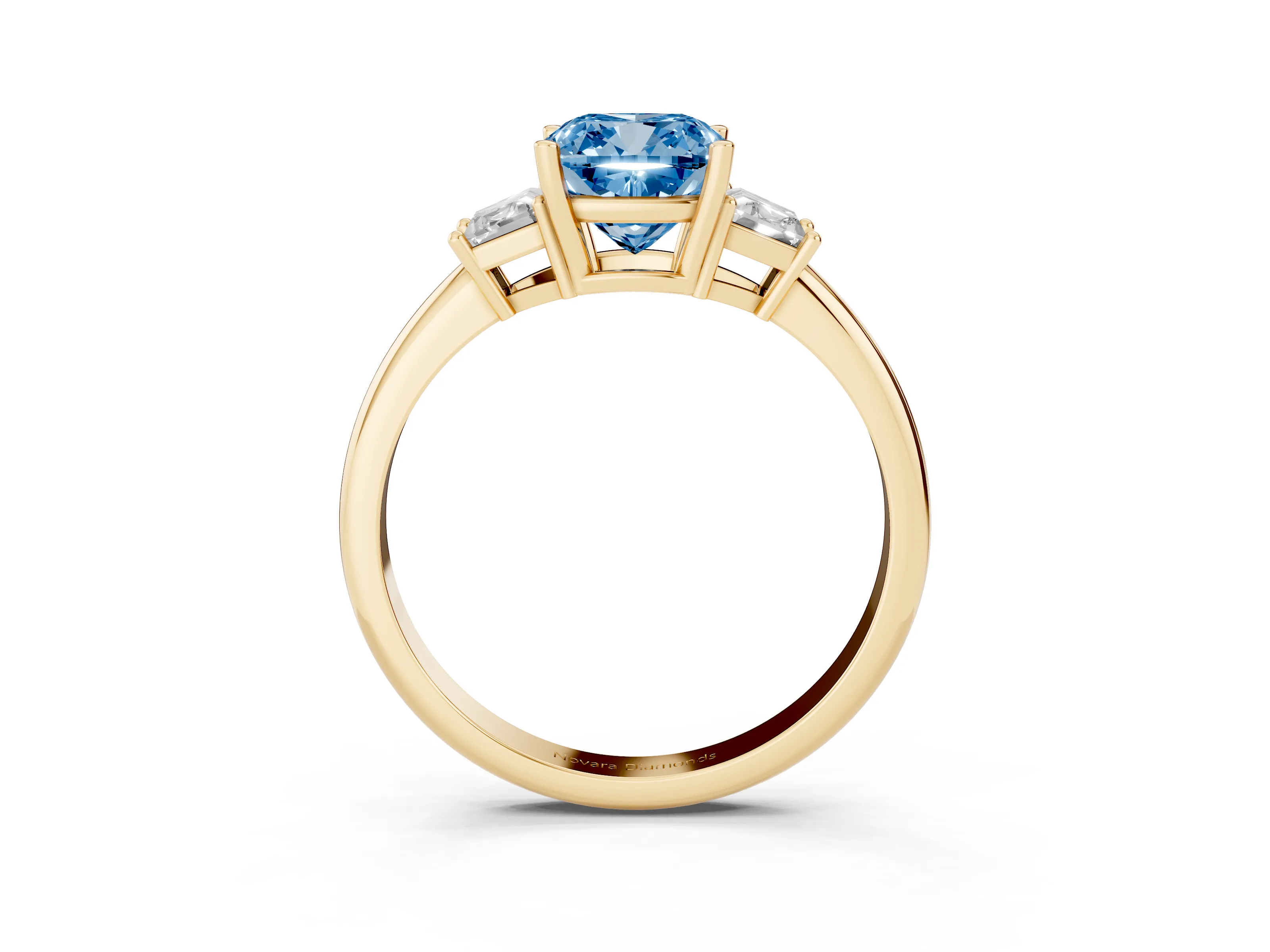 Fancy Blue Cushion Cut Diamond Three-Stone Ring Set in Yellow gold with Trapezoid Side Stones and Prong Setting