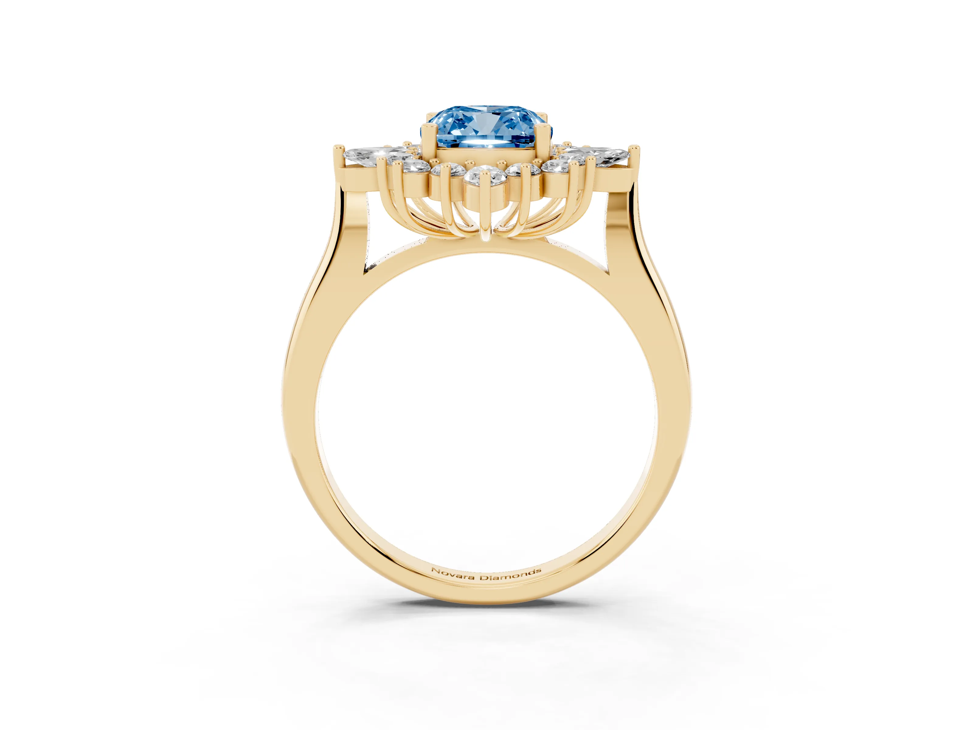 Fancy Blue Cushion Cut Diamond Cluster Halo Ring Set in Yellow gold with Marquise and Round Accents