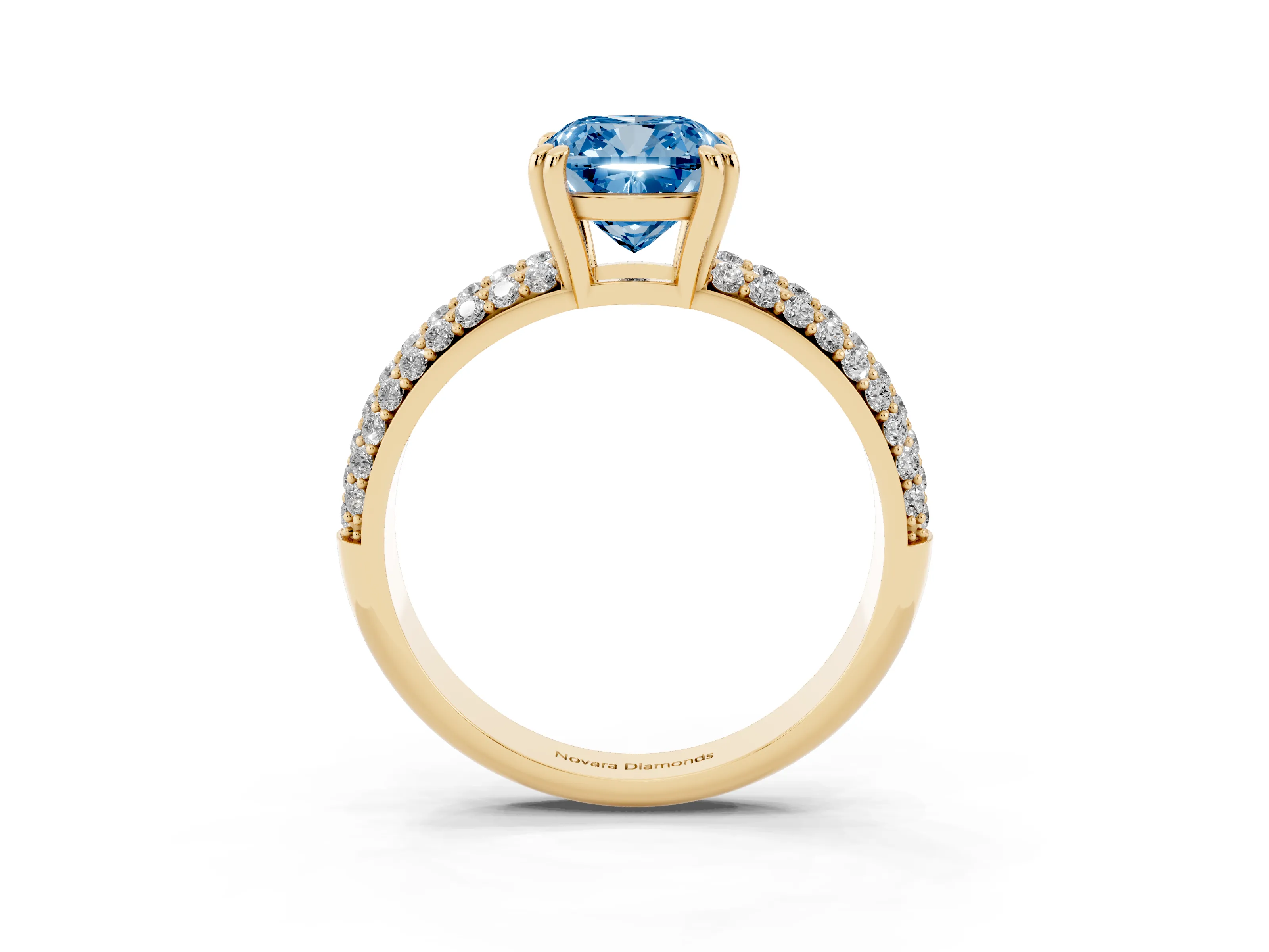 Fancy Blue Cushion Cut Diamond Solitaire Ring Set in Yellow gold with Multi-Row Round Pavé Band and Prong Setting