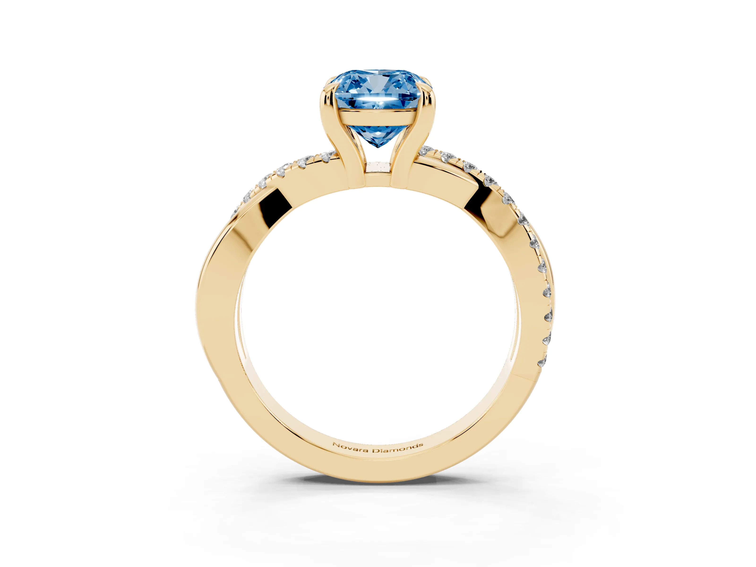 Fancy Blue Cushion Cut Diamond Twist Band Pavé Solitaire Ring Set in Yellow gold with Prong Setting