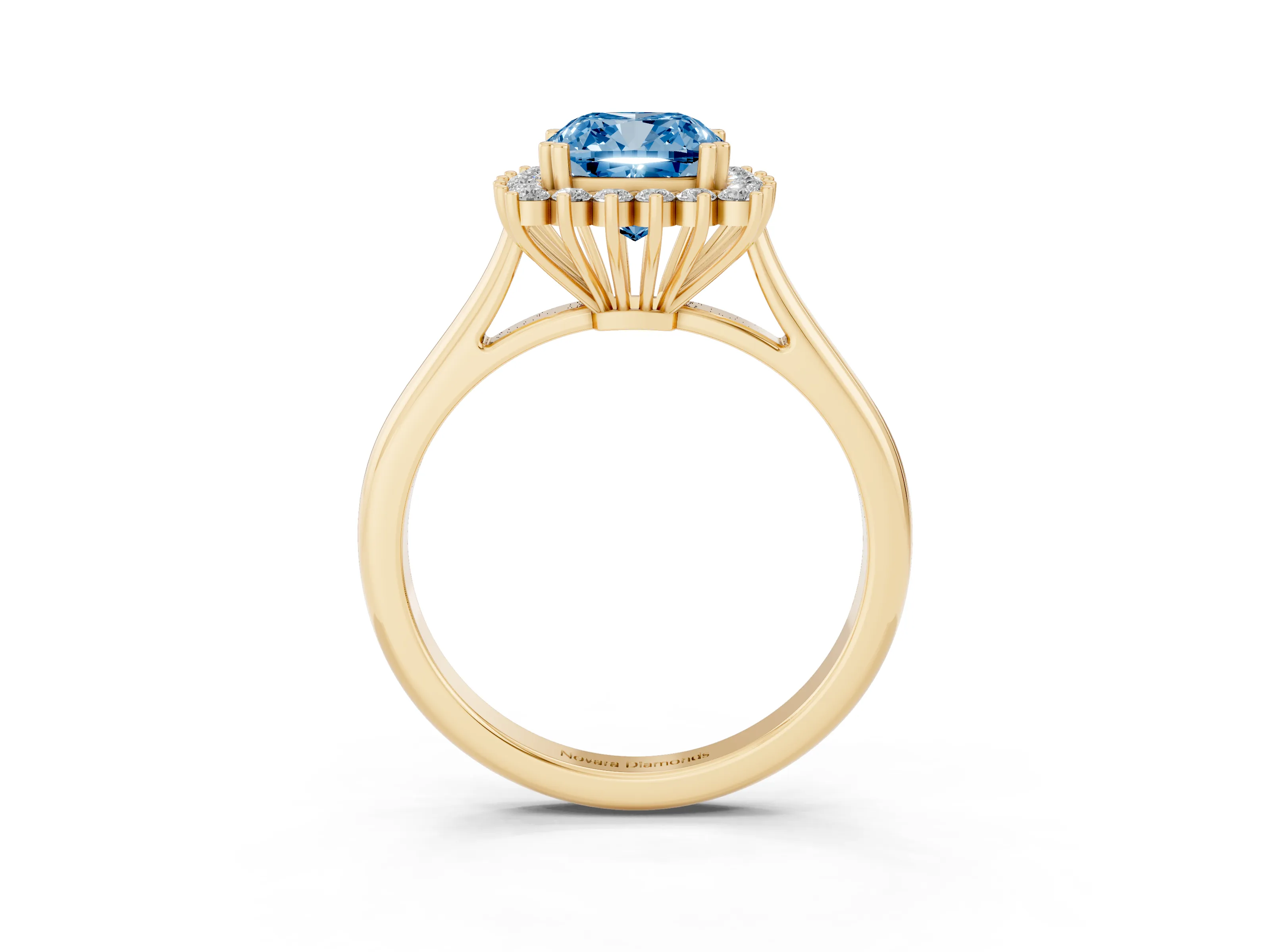 Fancy Blue Cushion Cut Diamond Halo Ring Set in Yellow gold with Plain Solitaire Band and Prong Setting